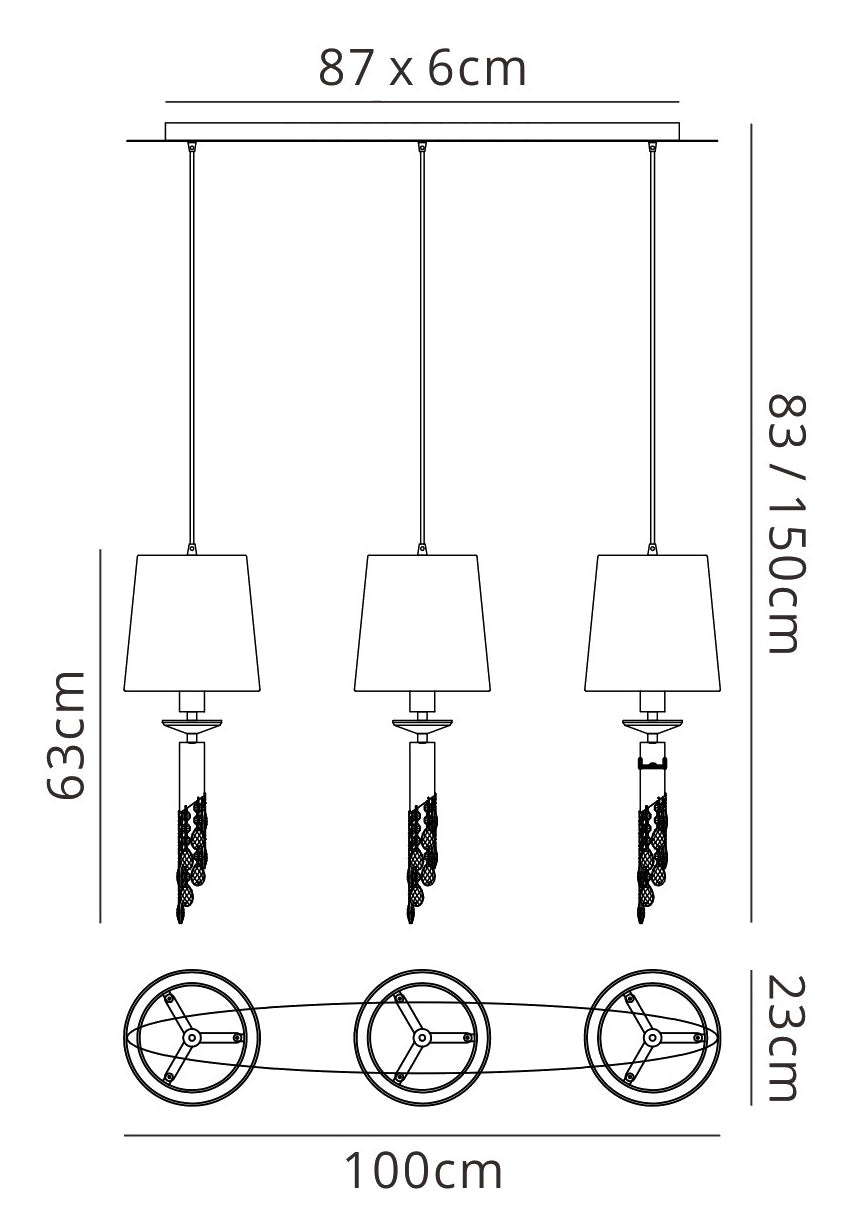 Tiffany Linear Pendant 3+3 Light E27+G9 Line, Polished Chrome With White Shades & Clear Crystal by Mantra