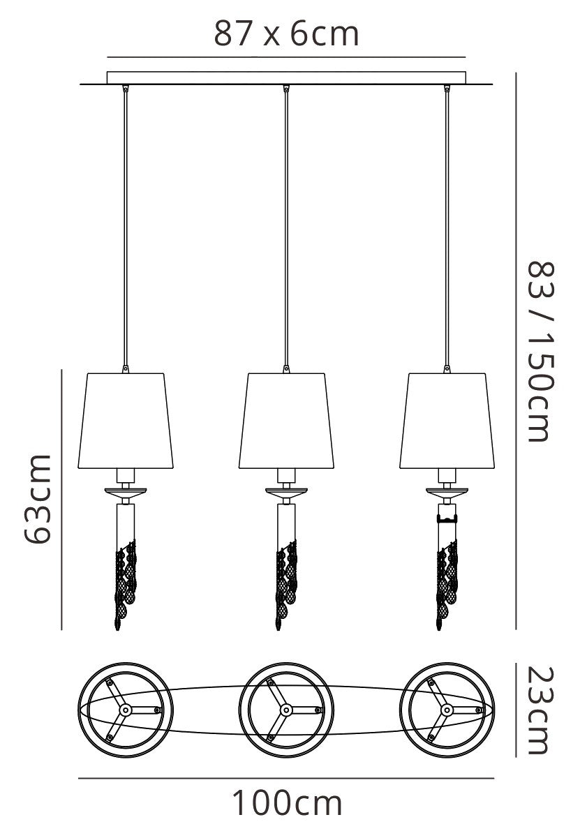 Tiffany Linear Pendant 3+3 Light E27+G9 Line, French Gold With Cream Shades & Clear Crystal by Mantra