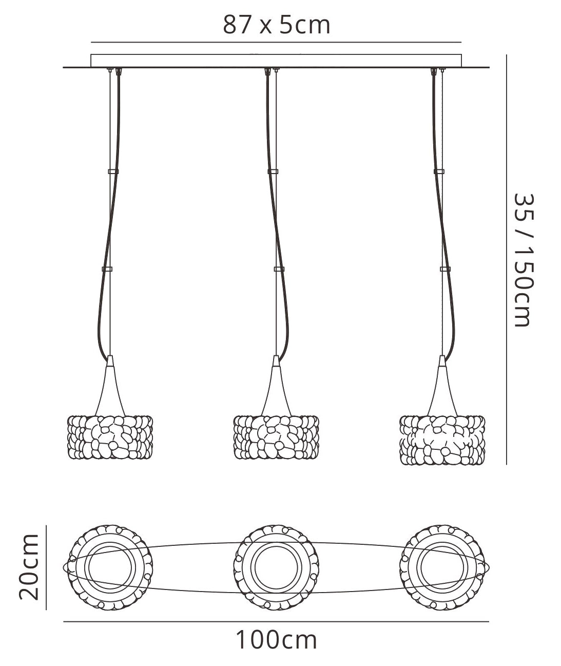 O2 Linear Pendant 3 Light E27 Line Large, Polished Chrome by Mantra