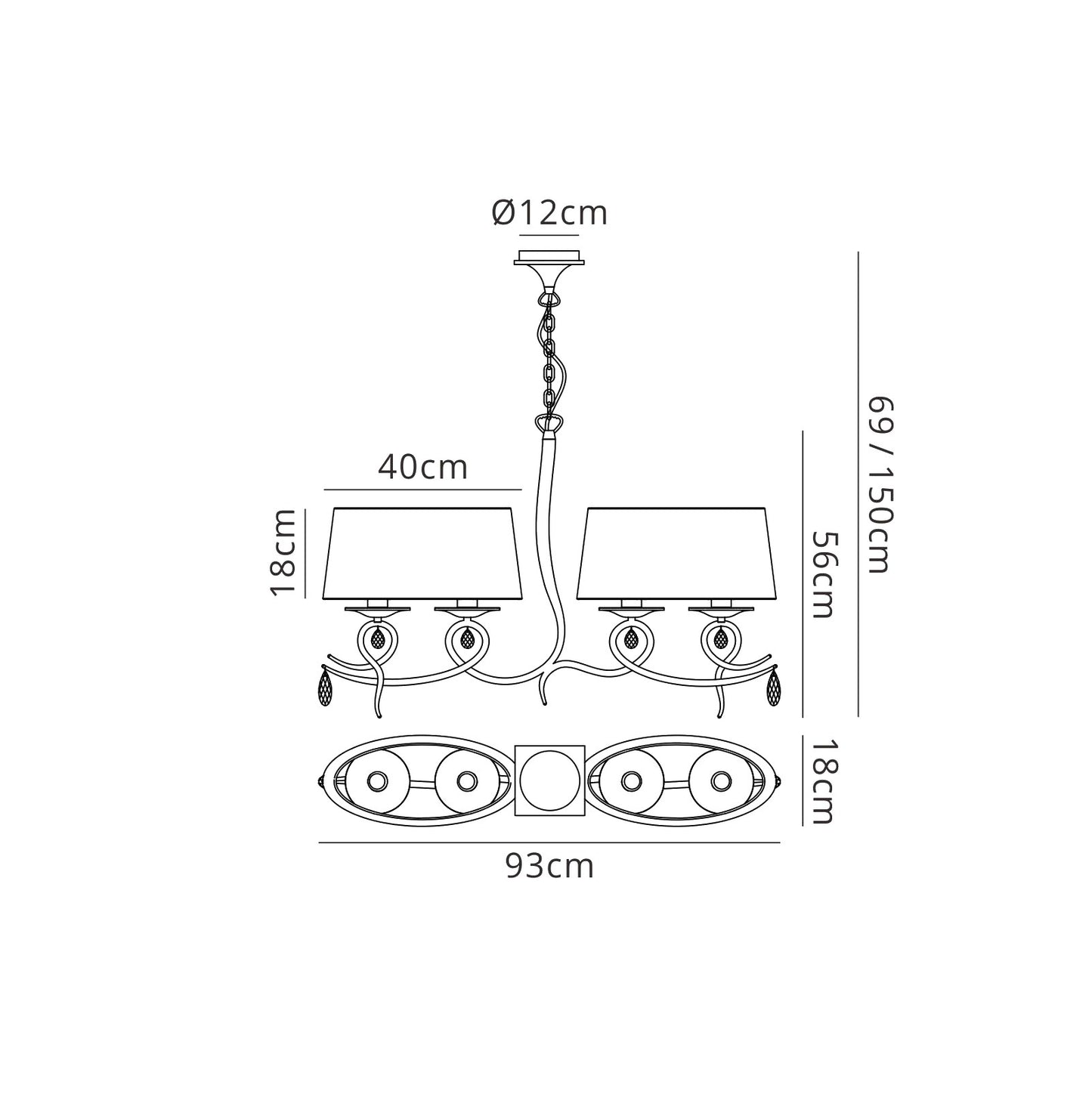 Louise Linear Pendant 2 Arm 4 Light E27 With White Oval Shades Polished Chrome / Clear Crystal by Mantra