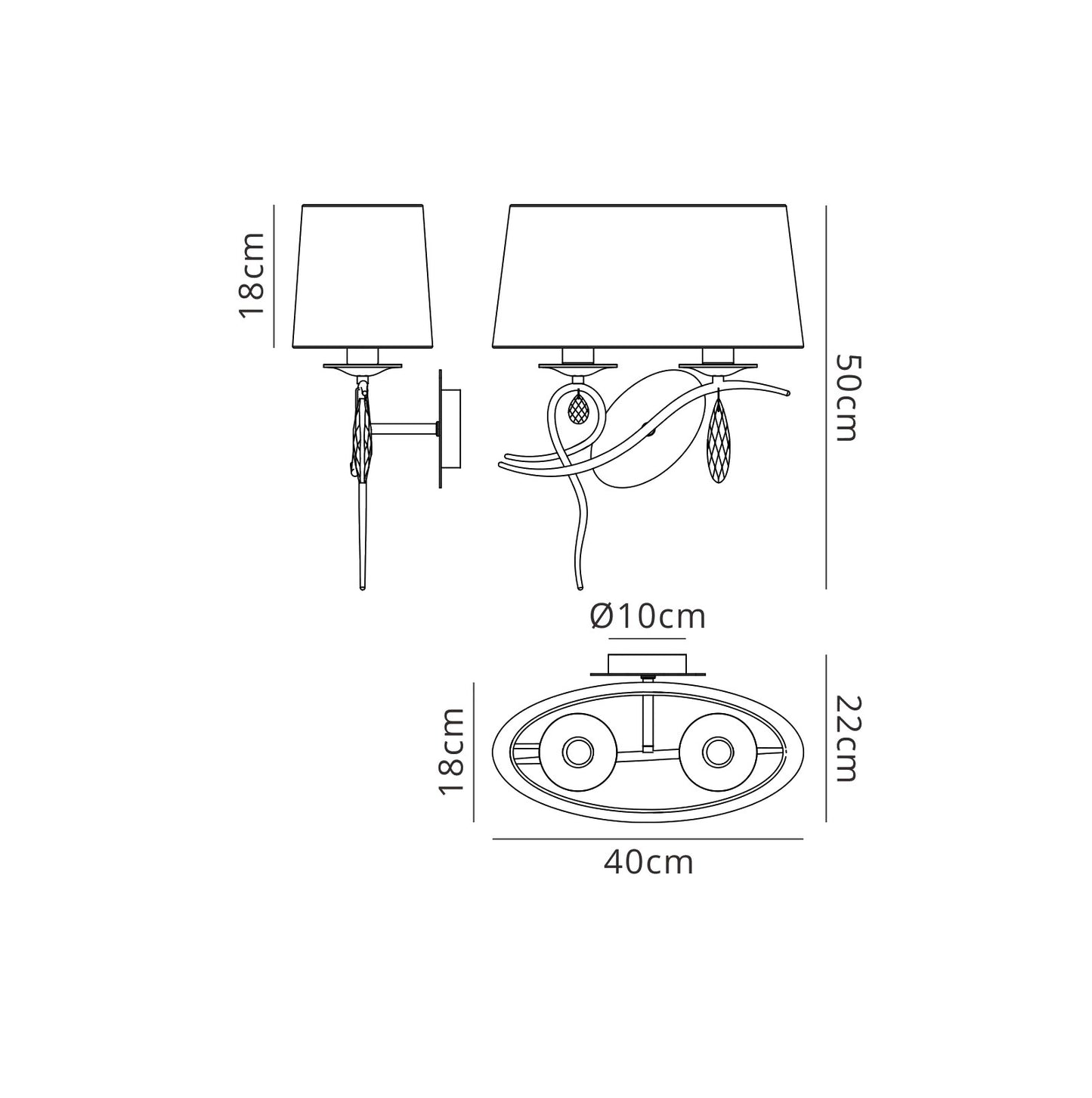 Louise Wall Lamp Right 2 Light E27 With White Shade Polished Chrome / Clear Crystal by Mantra