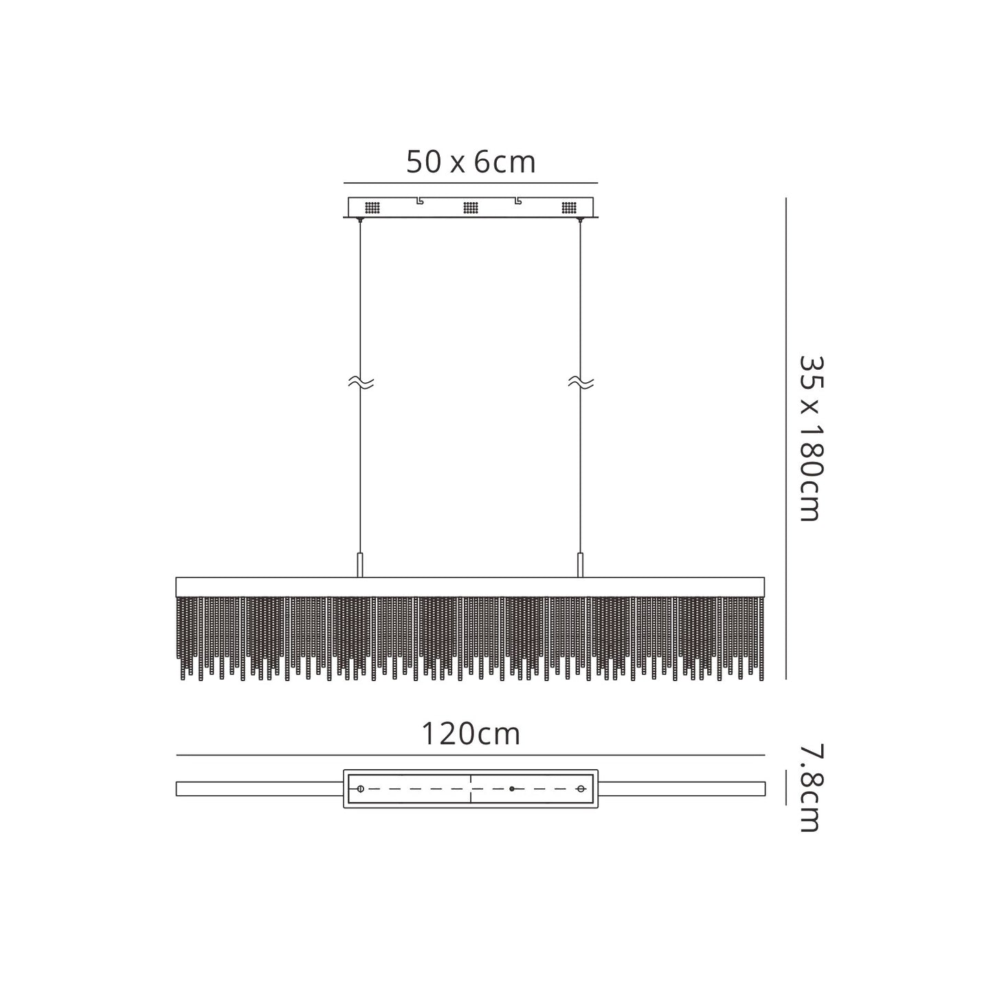 Cinna Linear Pendant 33W LED, 3000K, 3300lm, Polished Chrome / Crystal Chain, 3yrs Warranty by Mantra