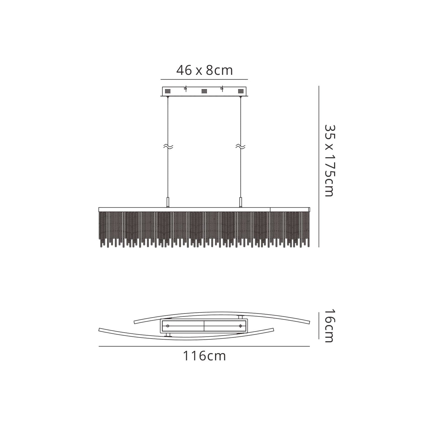 Cinna Linear Pendant 42W LED, 3000K, 4200lm, Polished Chrome / Crystal Chain, 3yrs Warranty by Mantra