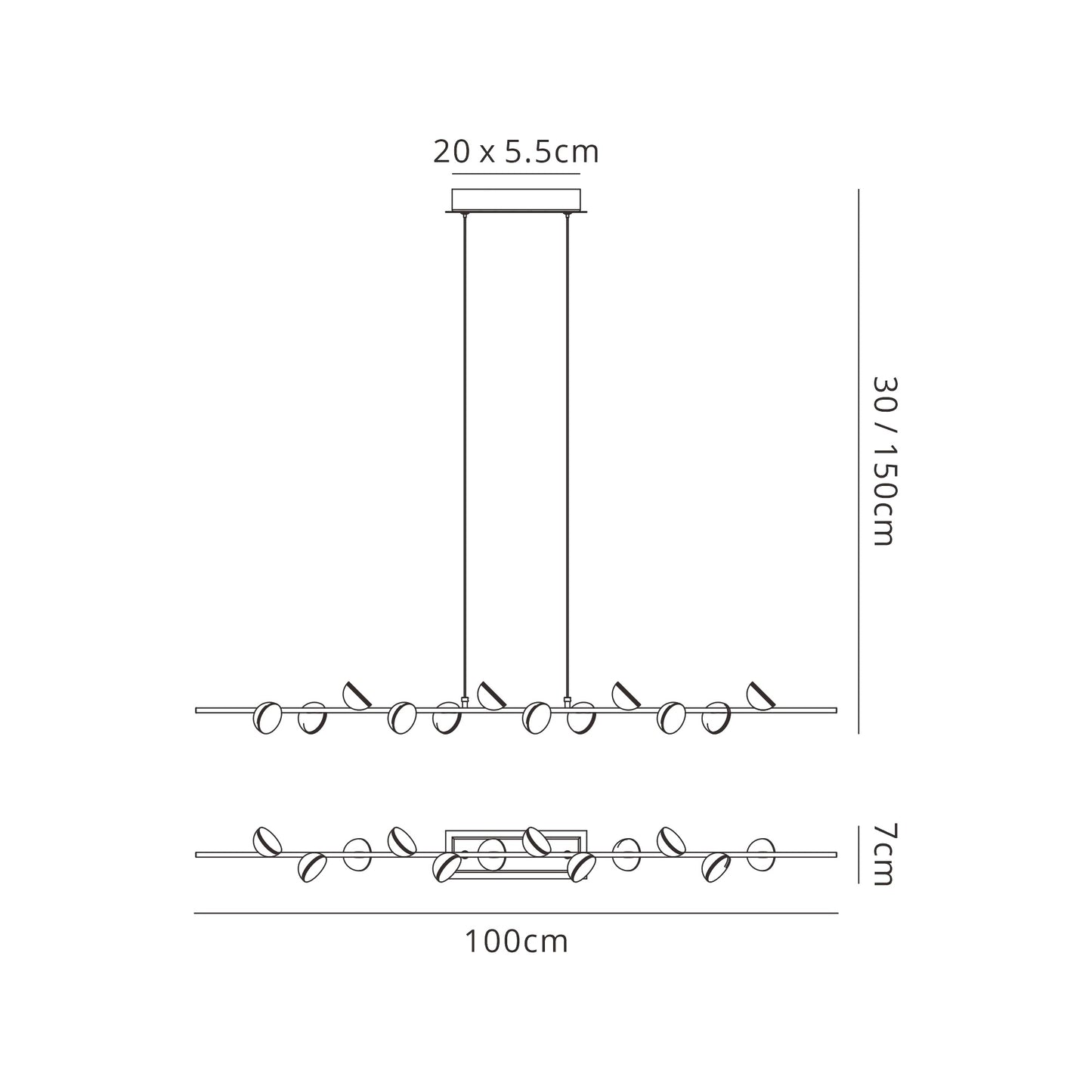 Adn 12 Light Linear Pendant 100cm, 36W LED, 3000K, 2150lm, Black, 3yrs Warranty by Mantra