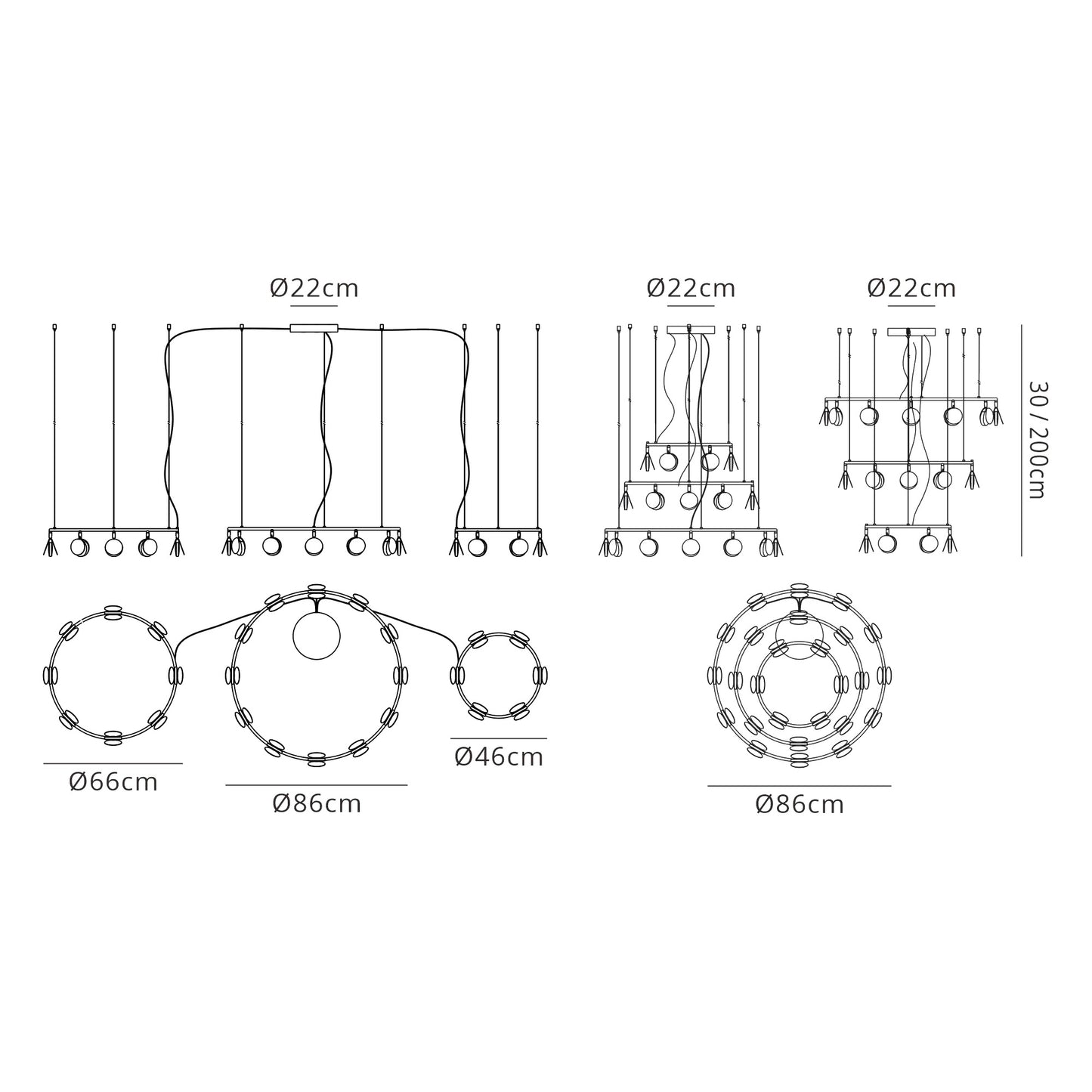 Shell 12+8+4 Light Pendant, Round, 120W LED, 3000K, 6360lm, Gold, 3yrs Warranty by Mantra