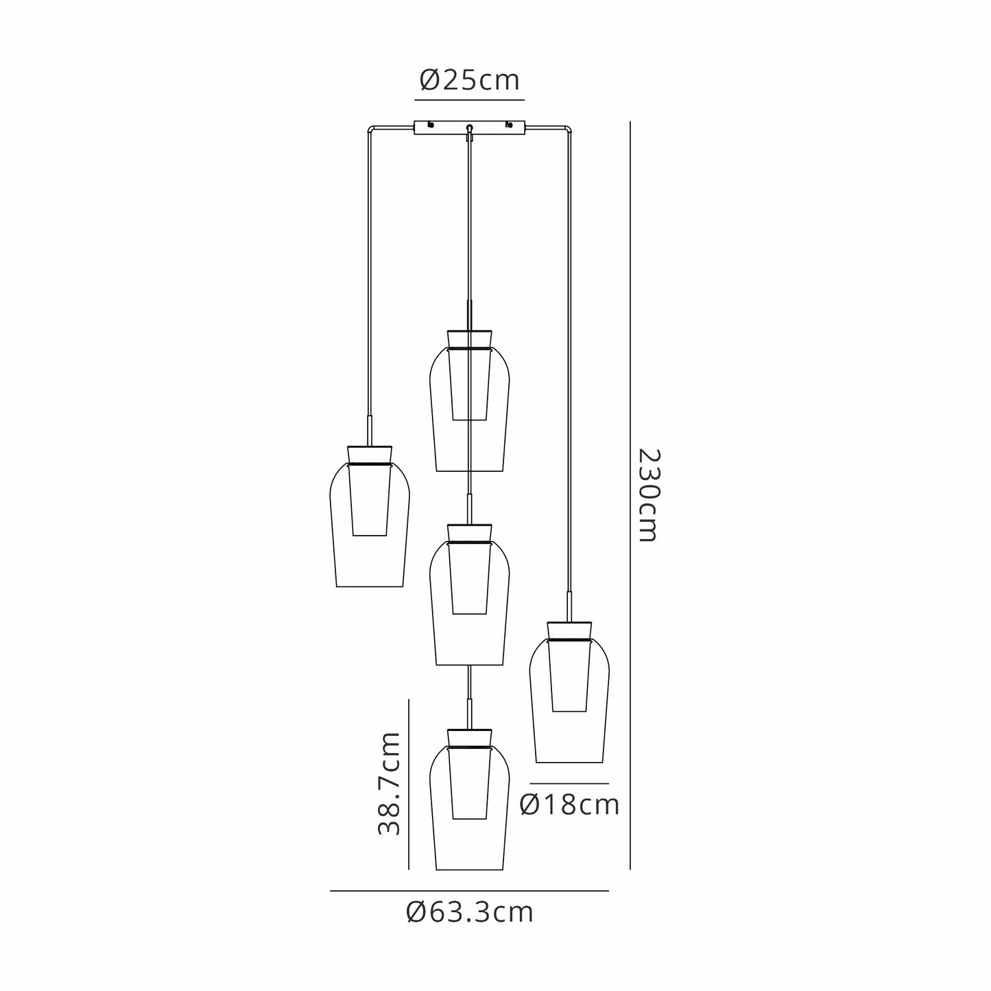 Nora Round Pendant, 5 Light Adjustable E27, White/Wood/Clear Glass With Frosted Inner by Mantra