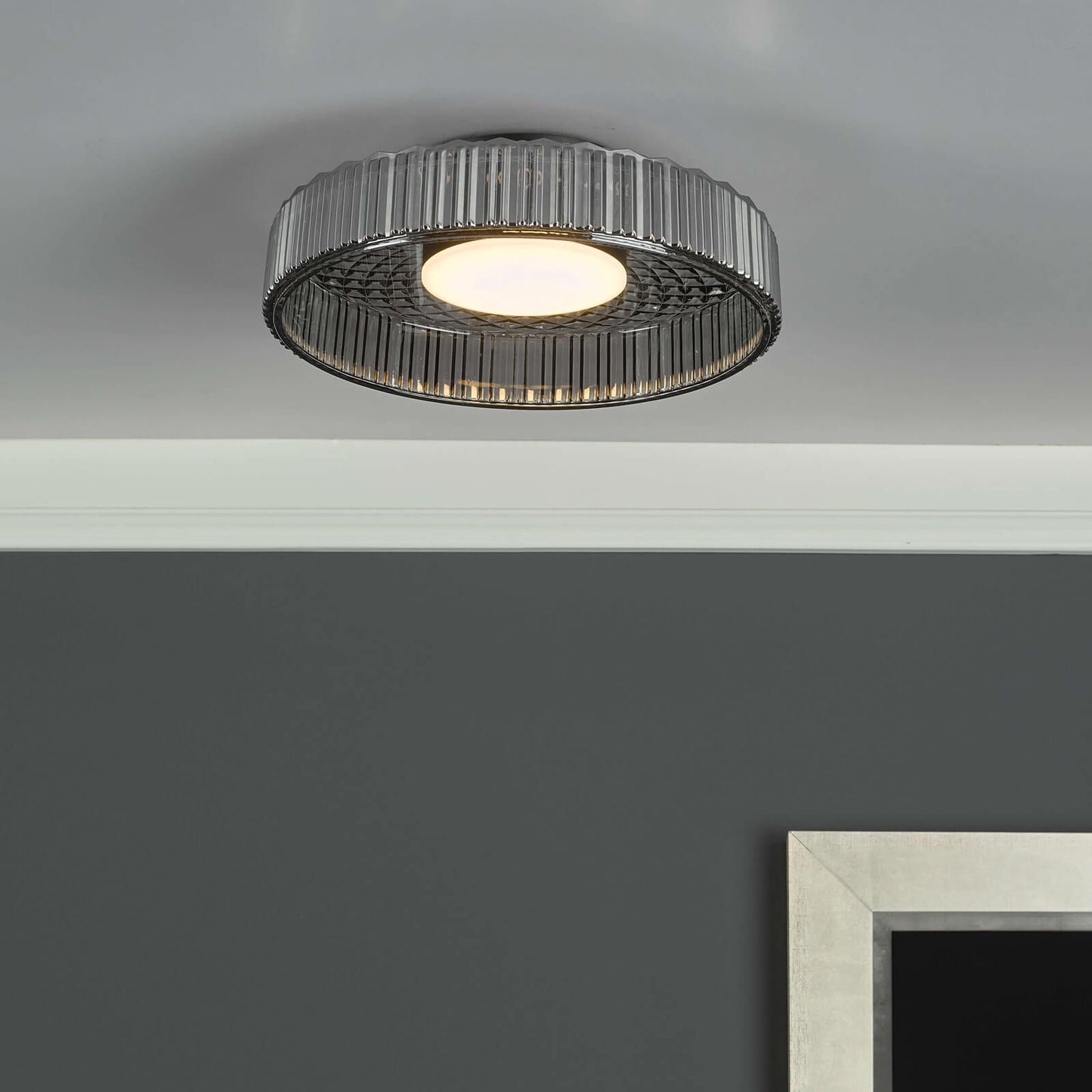 Leena Flush Satin Black and Smoked Ribbed Glass LED