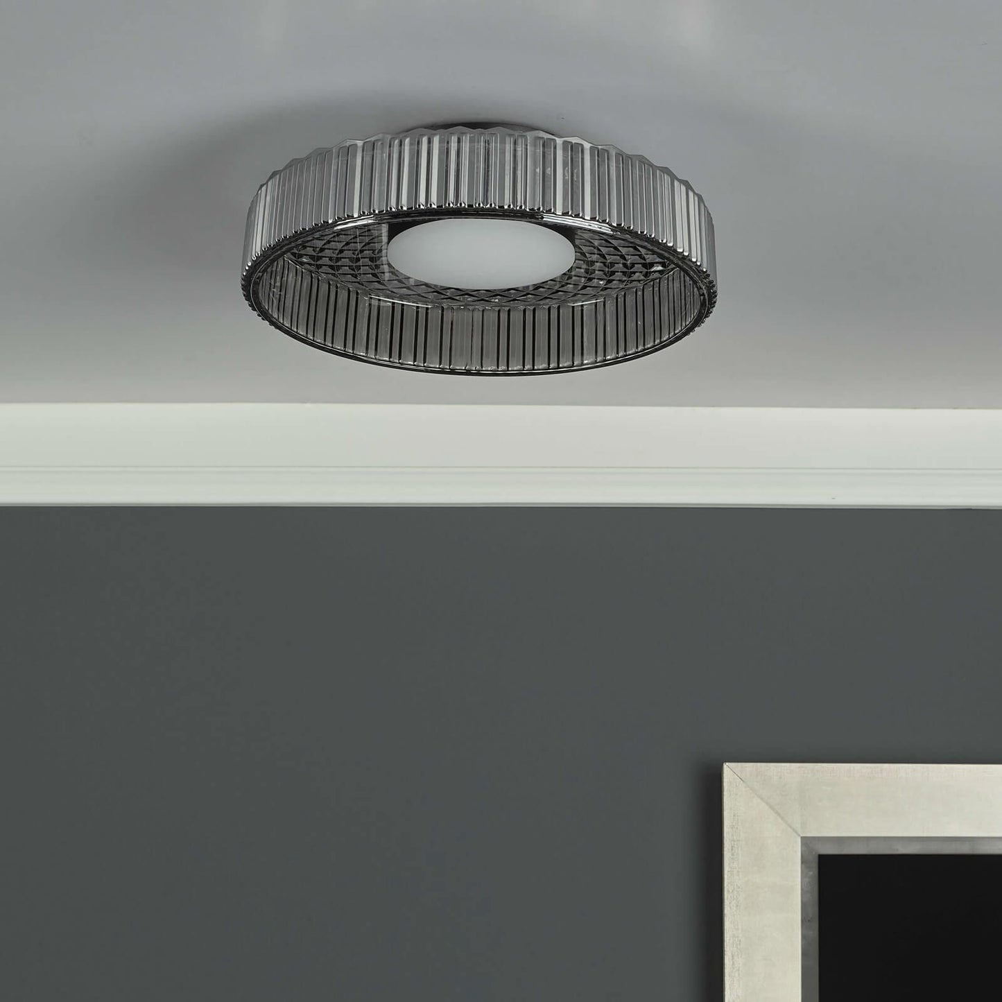 Leena Flush Satin Black and Smoked Ribbed Glass LED