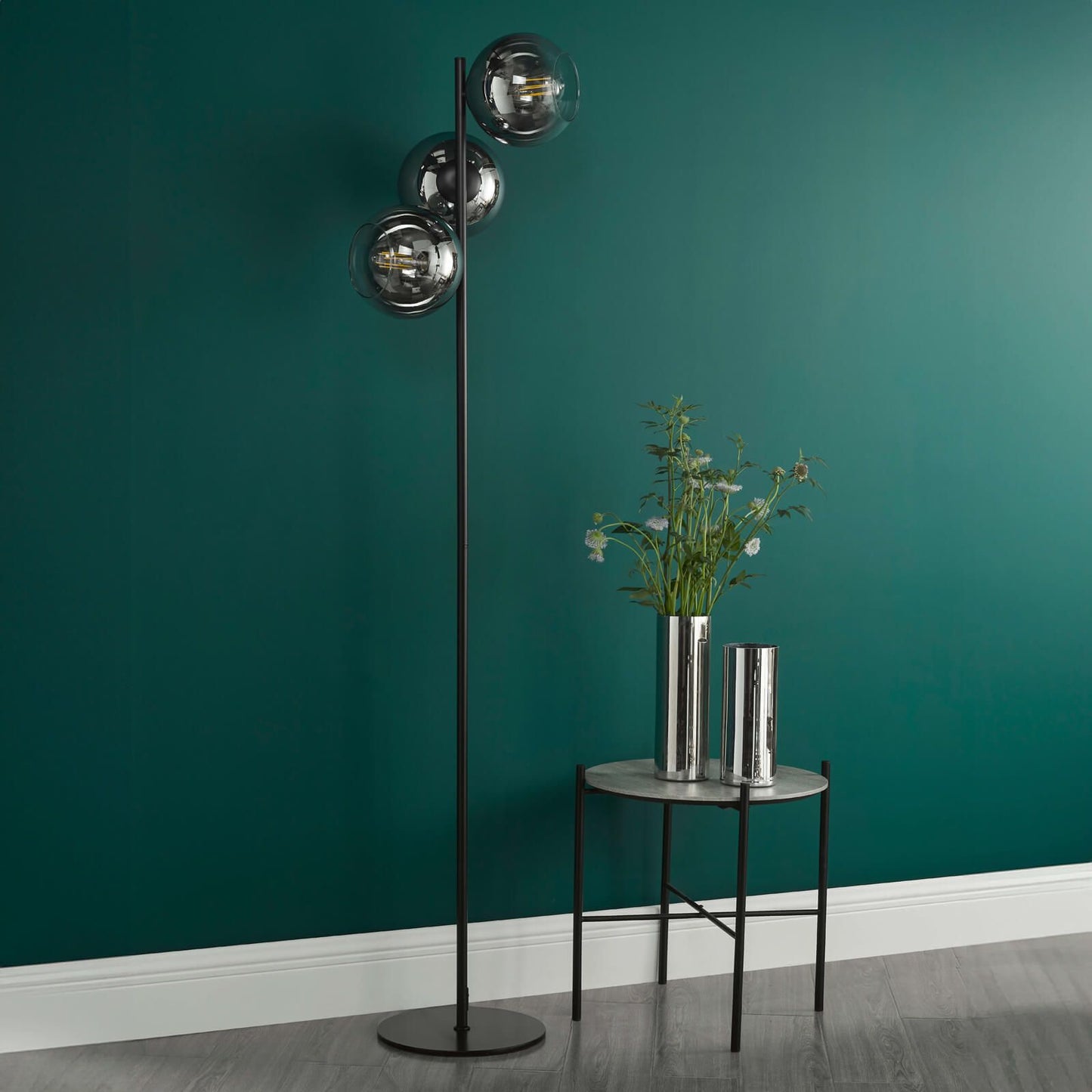 Lycia 3 Light Floor Lamp Matt Black and Smoked Ombre Glass