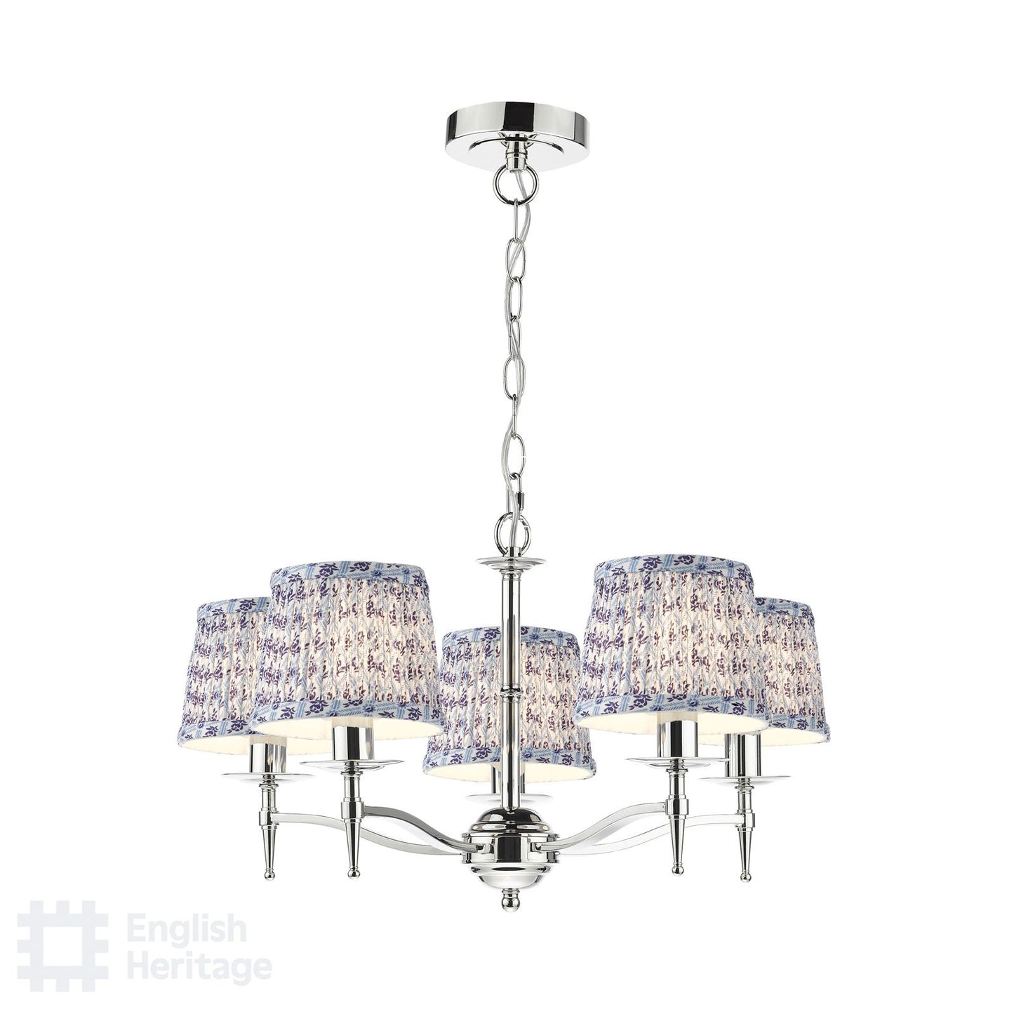 English Heritage Marble Hill 5 Light Armed Pendant Polished Nickel With Shade