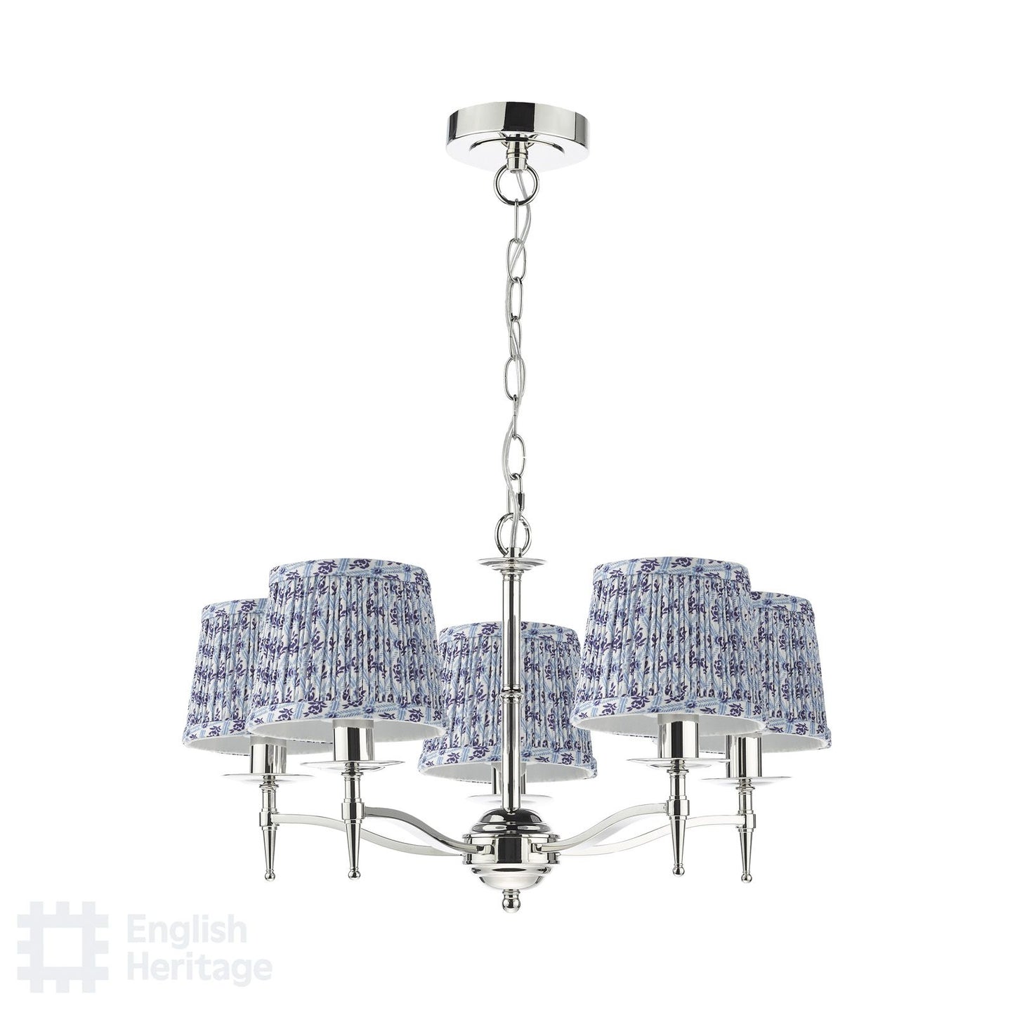 English Heritage Marble Hill 5 Light Armed Pendant Polished Nickel With Shade