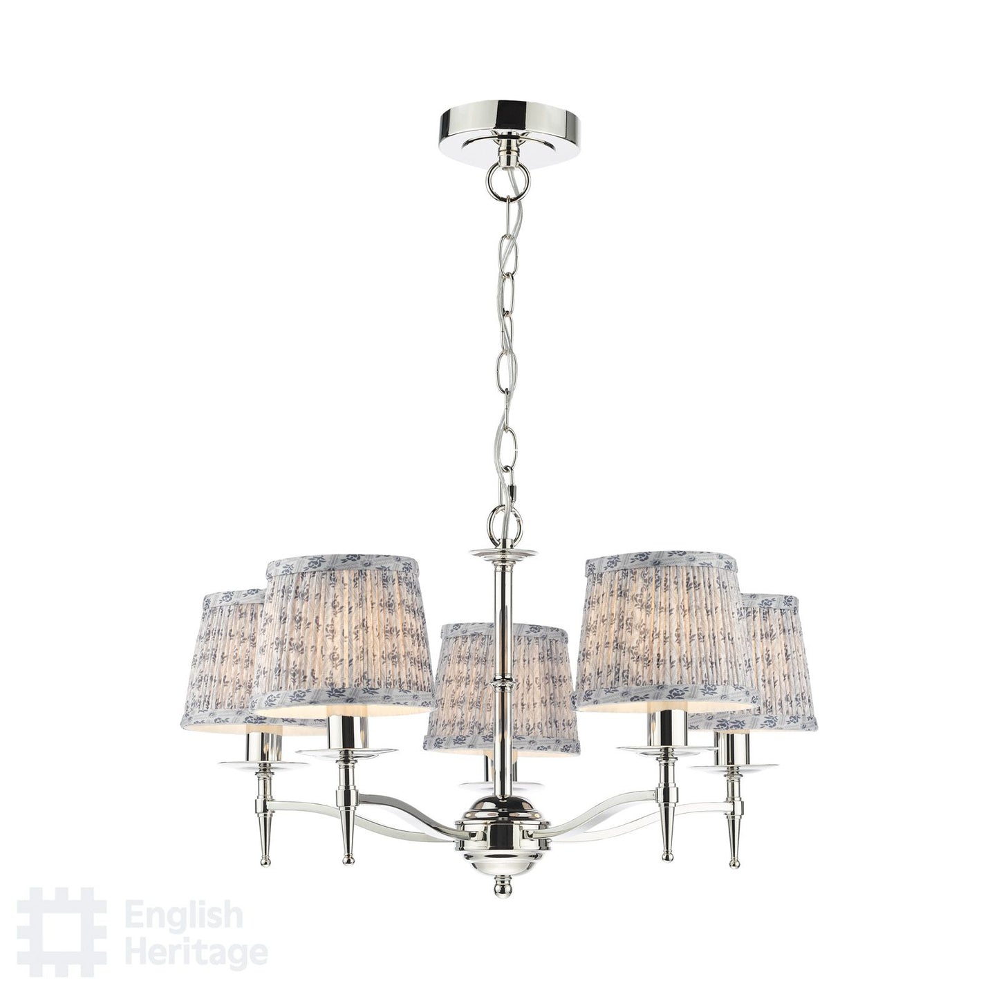 English Heritage Marble Hill 5 Light Armed Pendant Polished Nickel With Shade