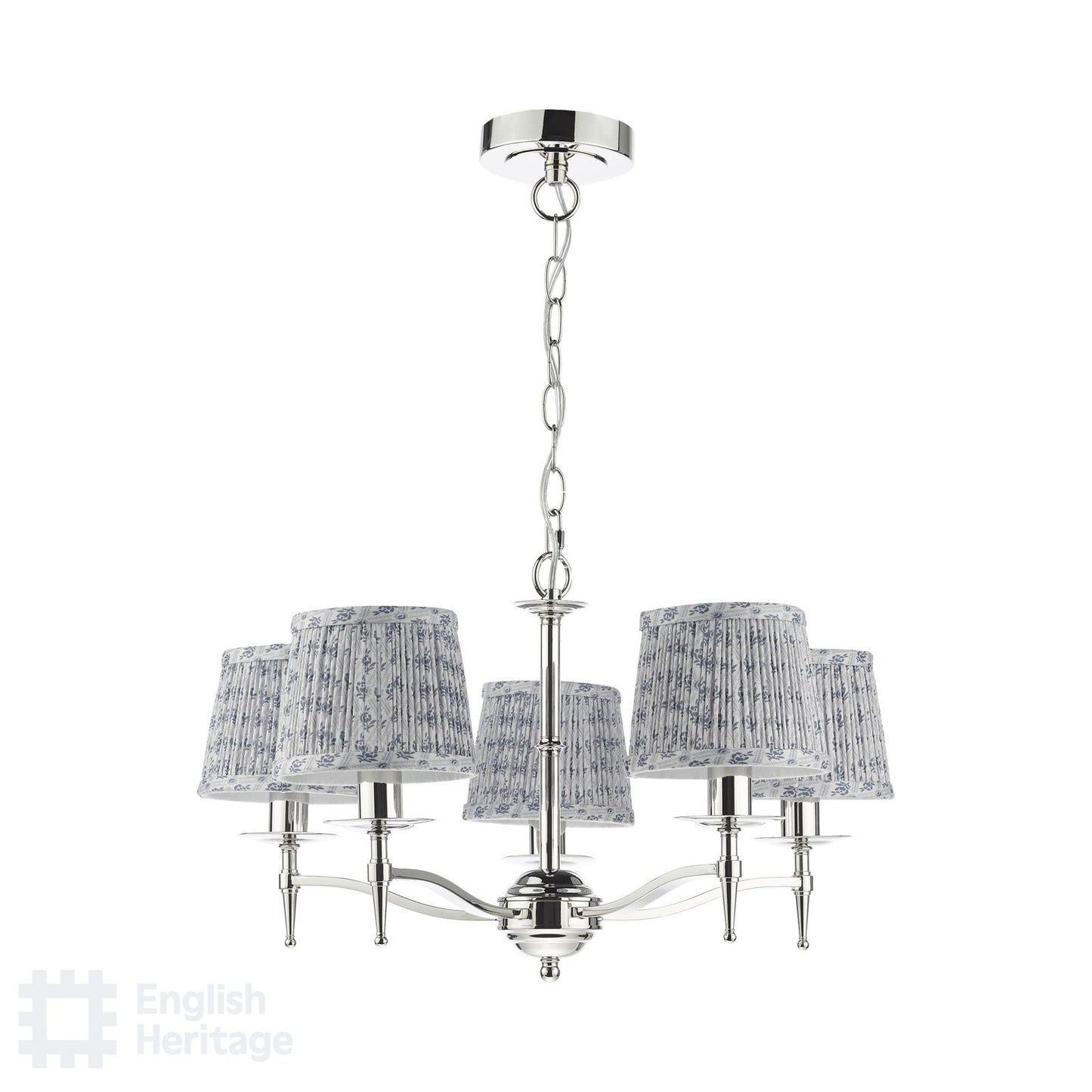 English Heritage Marble Hill 5 Light Armed Pendant Polished Nickel With Shade