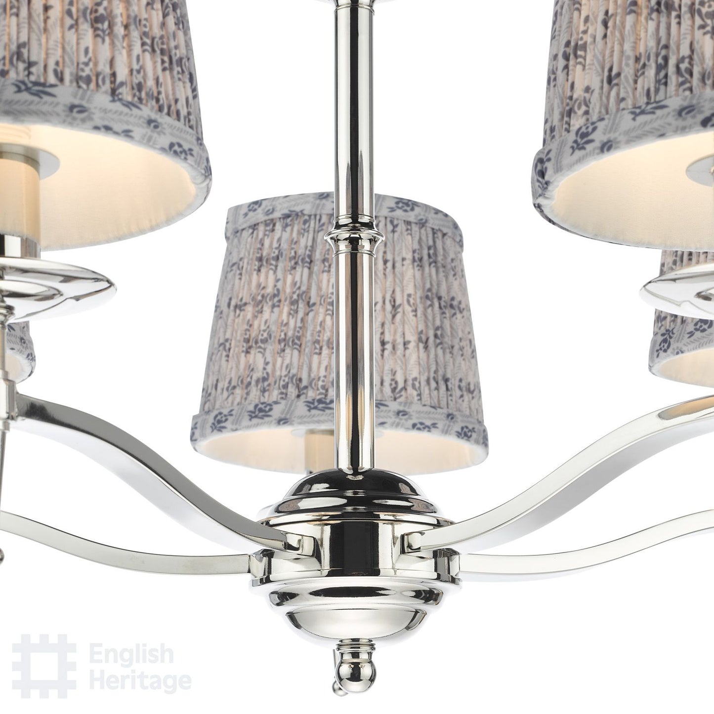 English Heritage Marble Hill 5 Light Armed Pendant Polished Nickel With Shade
