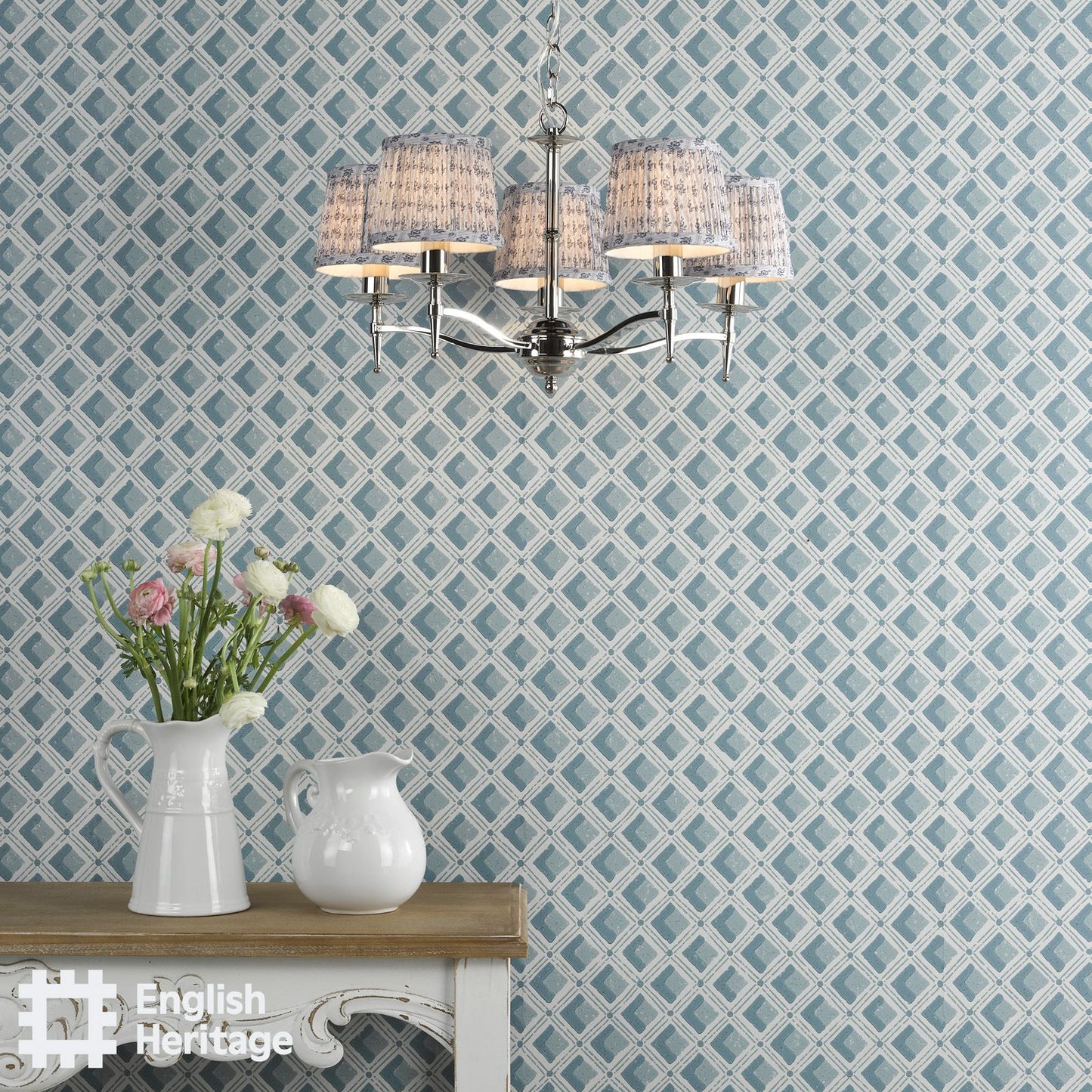 English Heritage Marble Hill 5 Light Armed Pendant Polished Nickel With Shade