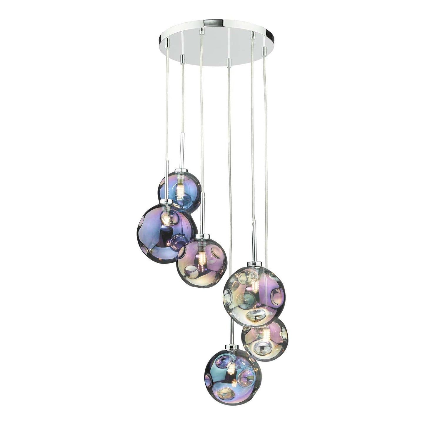 Mira 6 Light Cluster Pendant Polished Chrome Iridised Glass