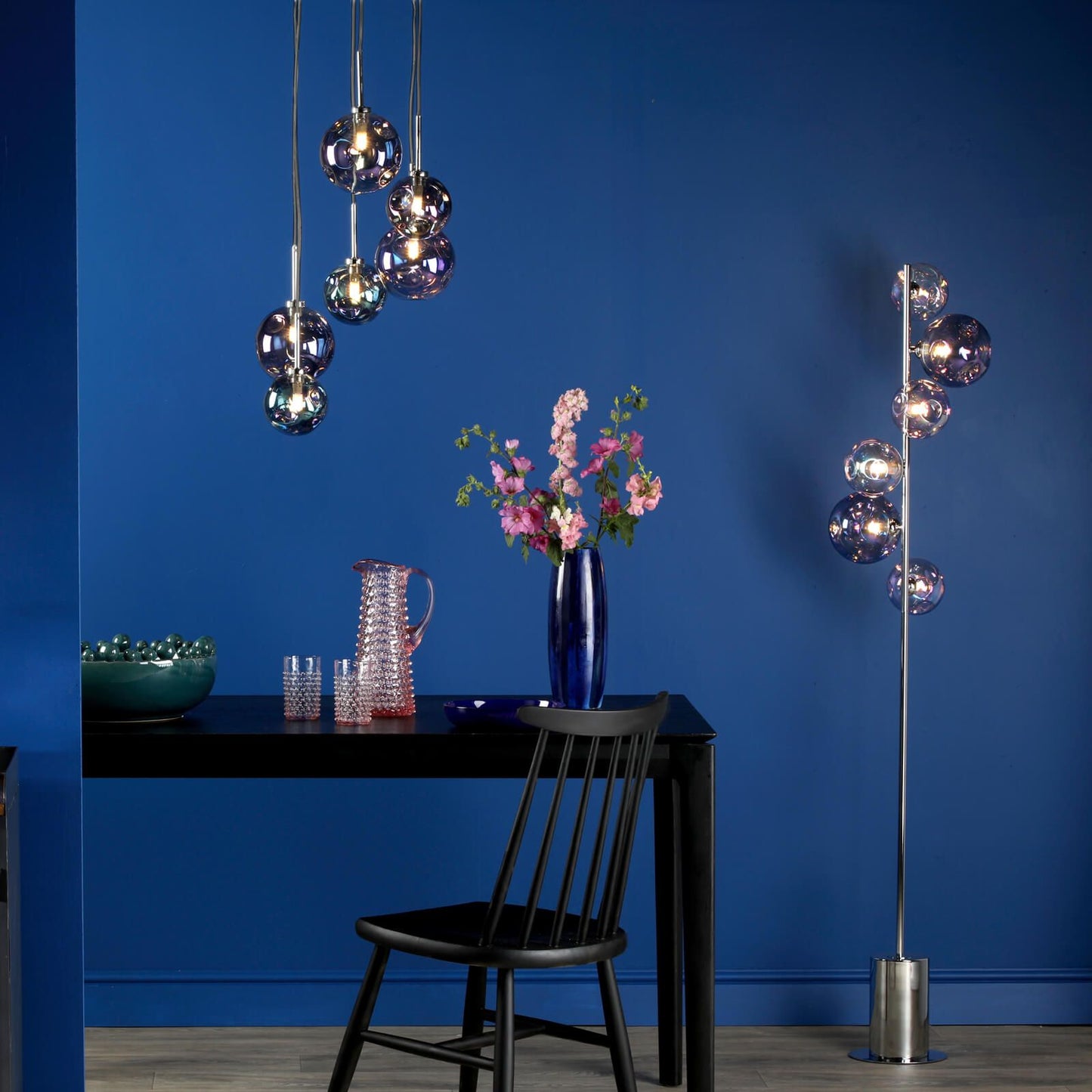 Mira 6 Light Cluster Pendant Polished Chrome Iridised Glass