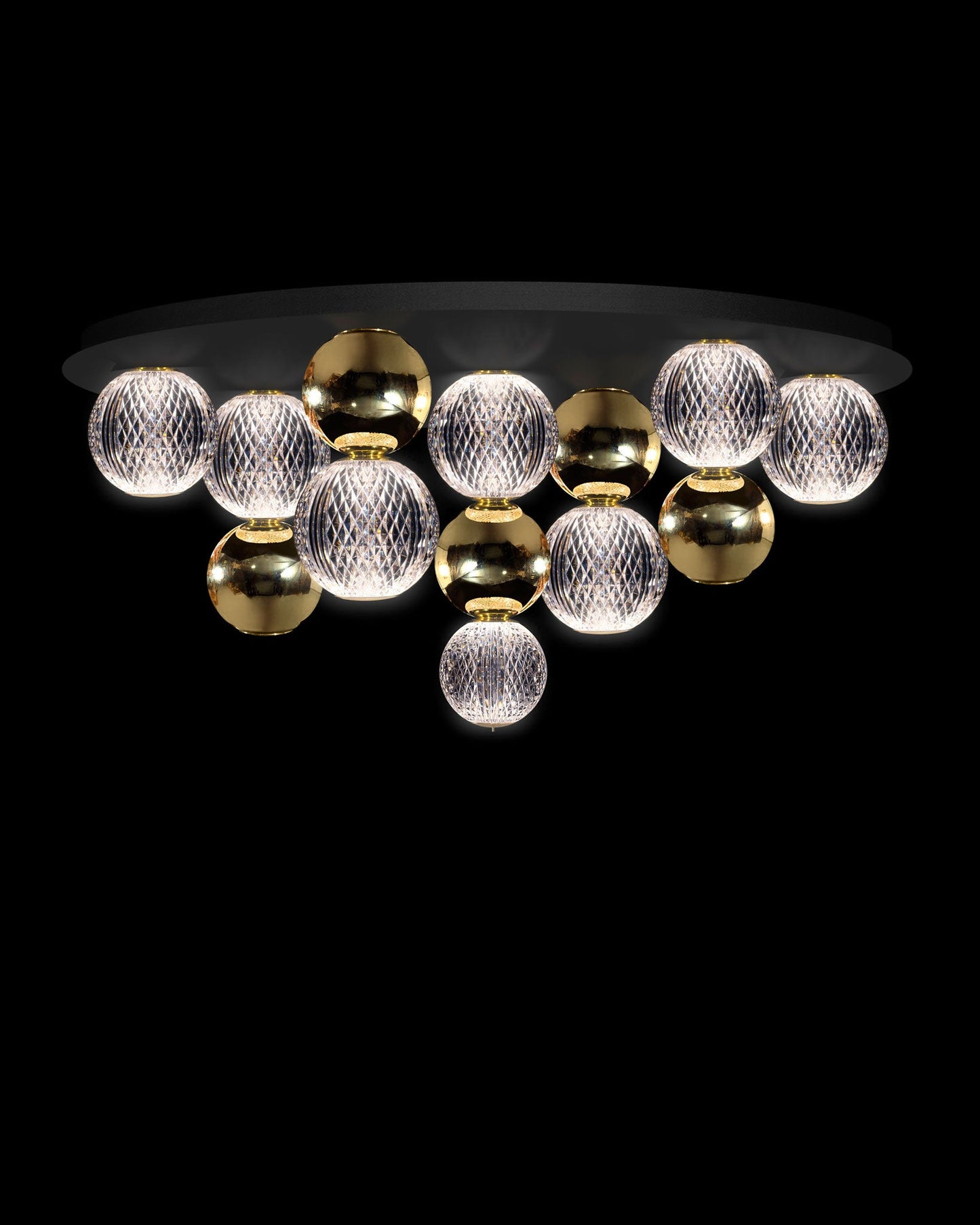 Diamante Embellished 7Lt Flush Black Ceiling plate with Gold Light