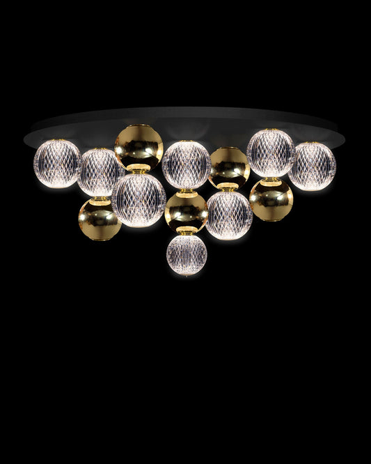 Diamante Embellished 7Lt Flush Black Ceiling plate with Gold Light