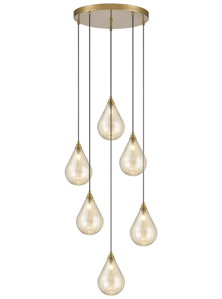 Perry 6 light Spreader in aged brass with amber glass
