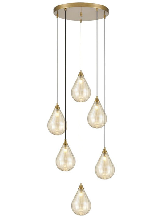Perry 6 light Spreader in aged brass with amber glass