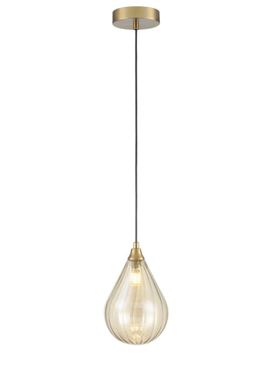 Perry single pendant in aged brass with amber glass