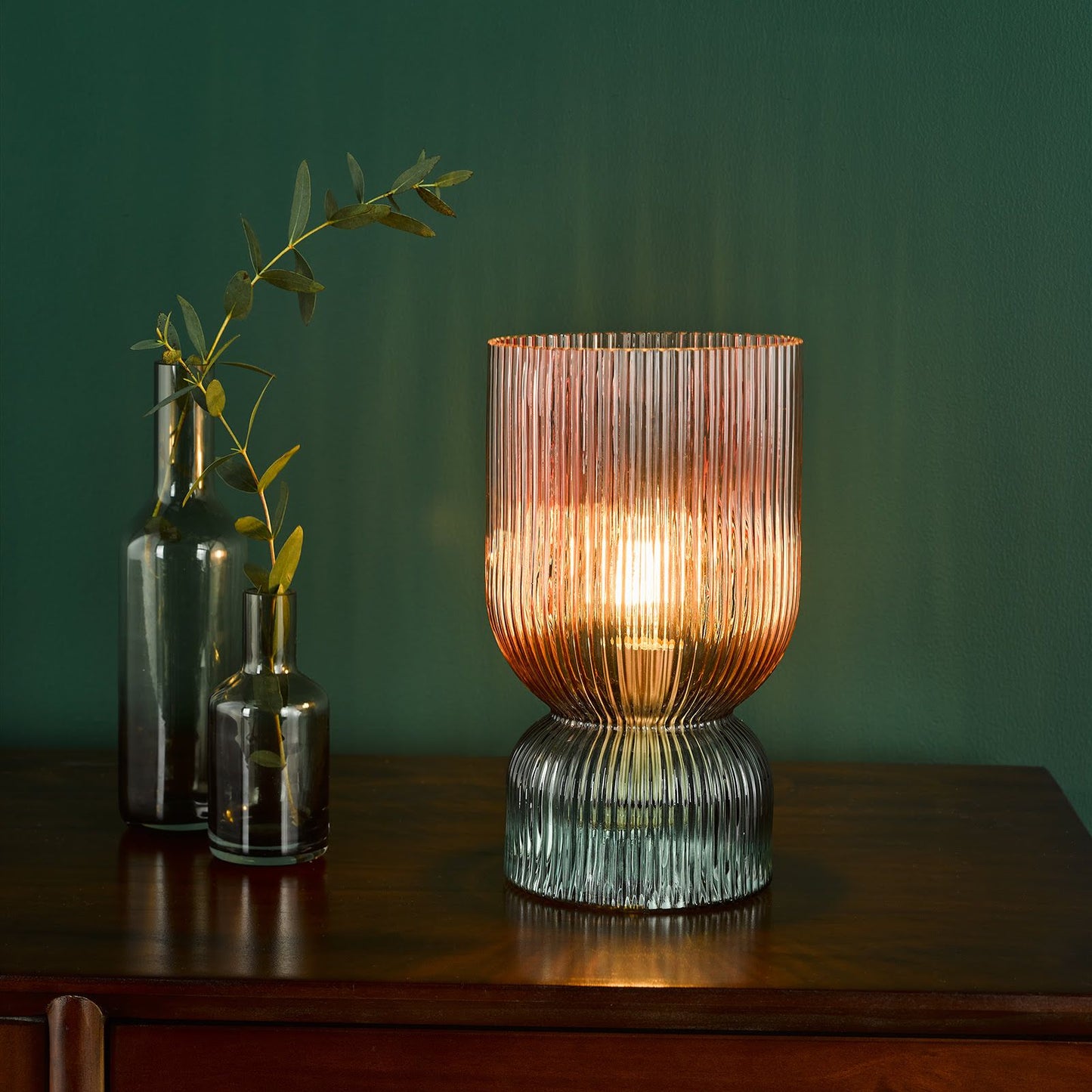 Rhubarb Table Lamp Pink and Green Ribbed Glass