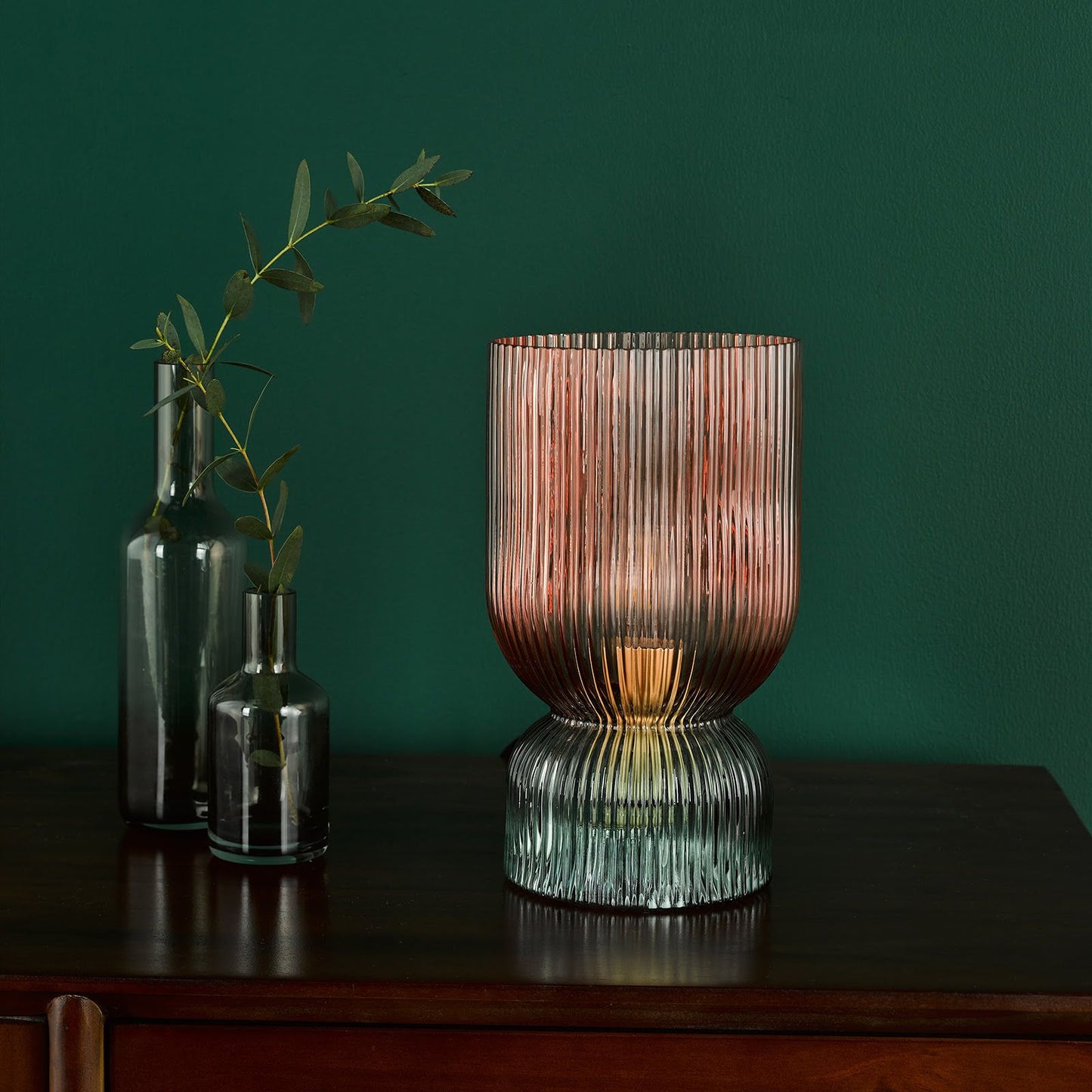 Rhubarb Table Lamp Pink and Green Ribbed Glass