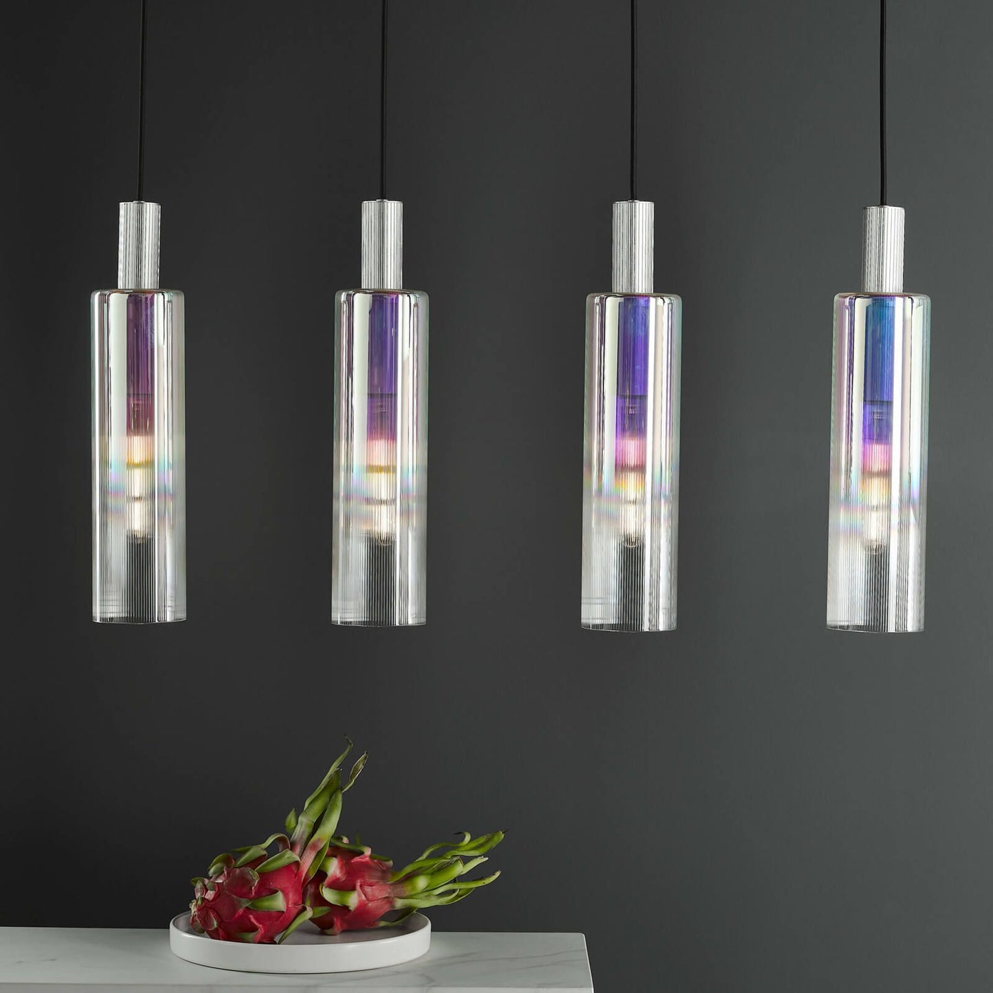 Ruben 4 Light Bar Pendant Satin Silver and Ribbed Iridised Glass