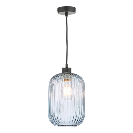 Sawyer Pendant Matt Black and Blue Ribbed Glass