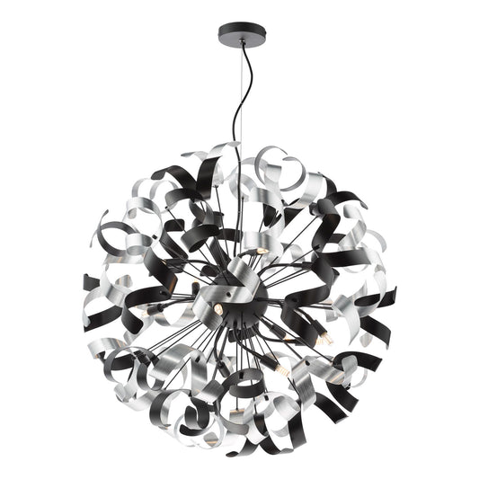 Swash 12 Light Pendant Black With Black & Aluminium Ribbons