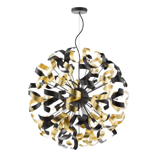 Swash 12 Light Pendant Black With Black & Gold Ribbons