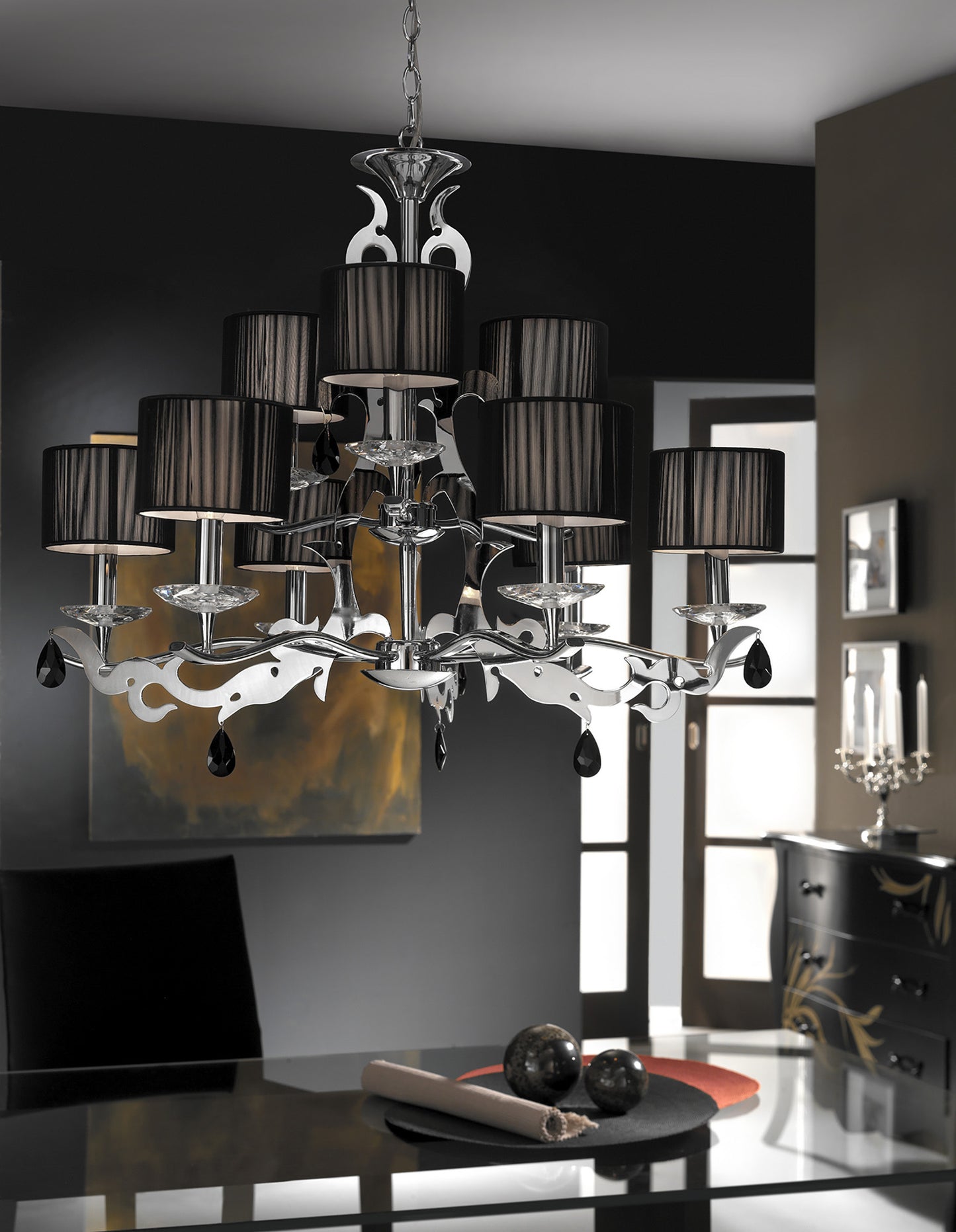 Acanto Pendant Round 9 Light E14, Polished Chrome With Black Shades by Mantra