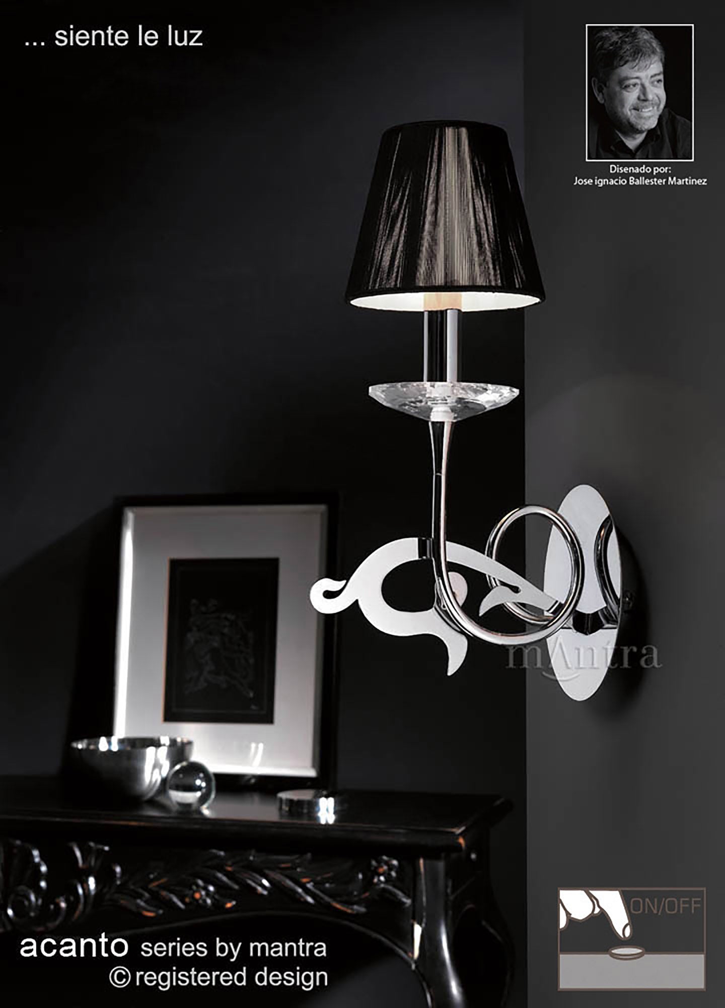 Acanto Wall Lamp Switched 1 Light E14, Polished Chrome With Black Shade by Mantra