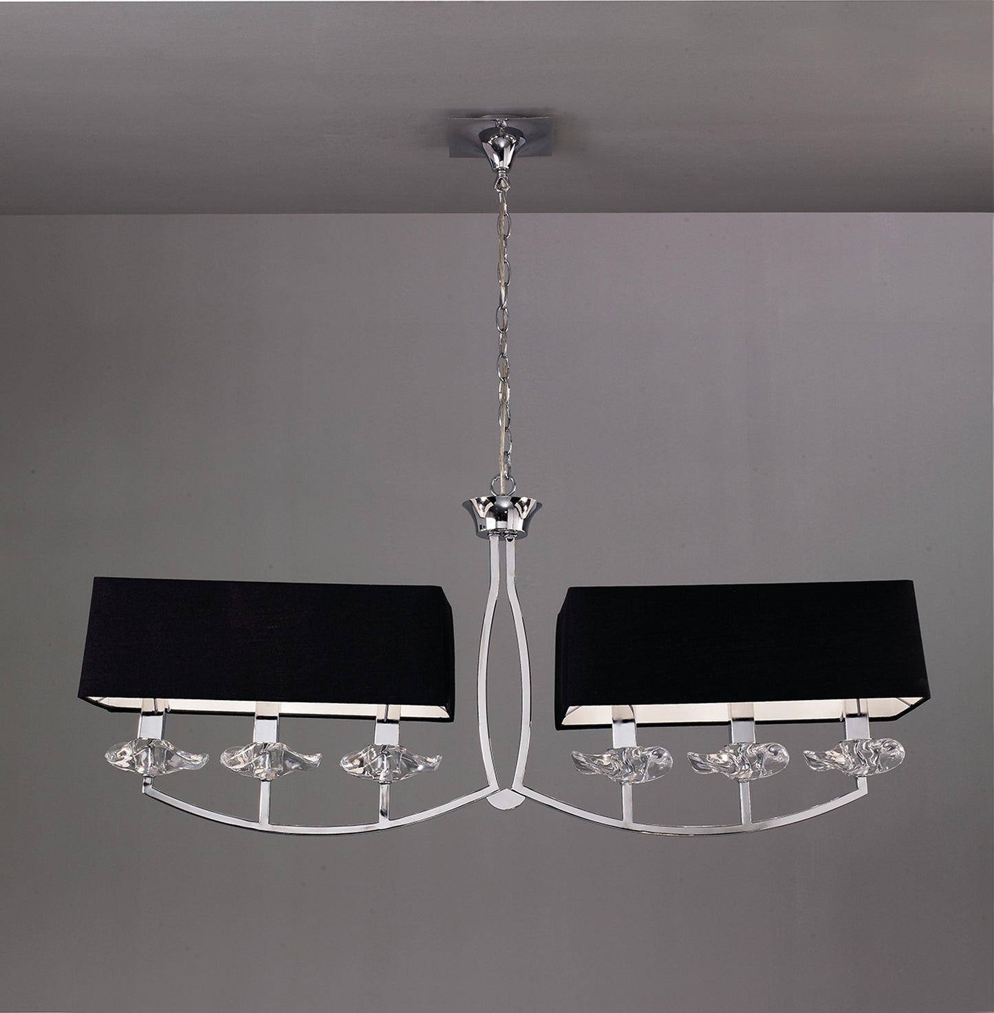 Akira Linear Pendant 2 Arm 6 Light E14, Polished Chrome With Black Shades by Mantra