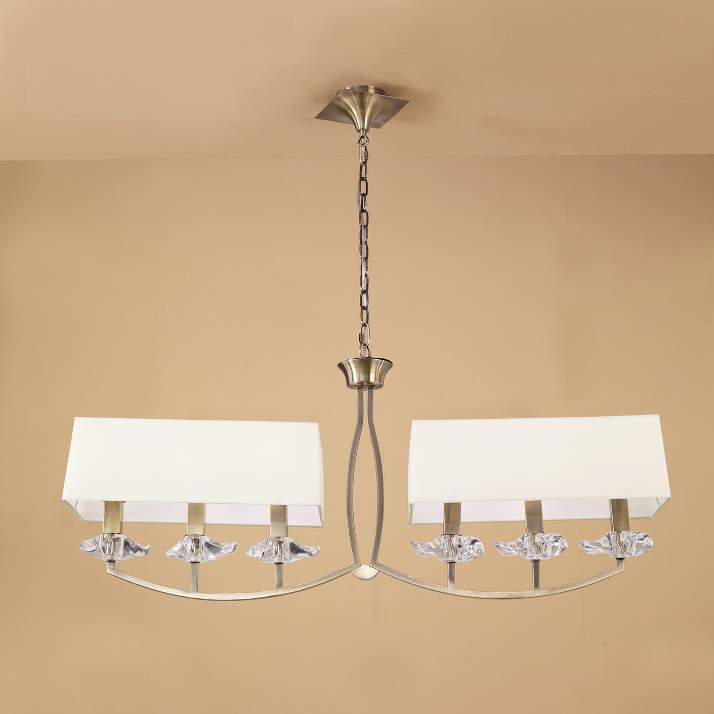 Akira Linear Pendant 2 Arm 6 Light E14, Antique Brass With Cream Shades by Mantra