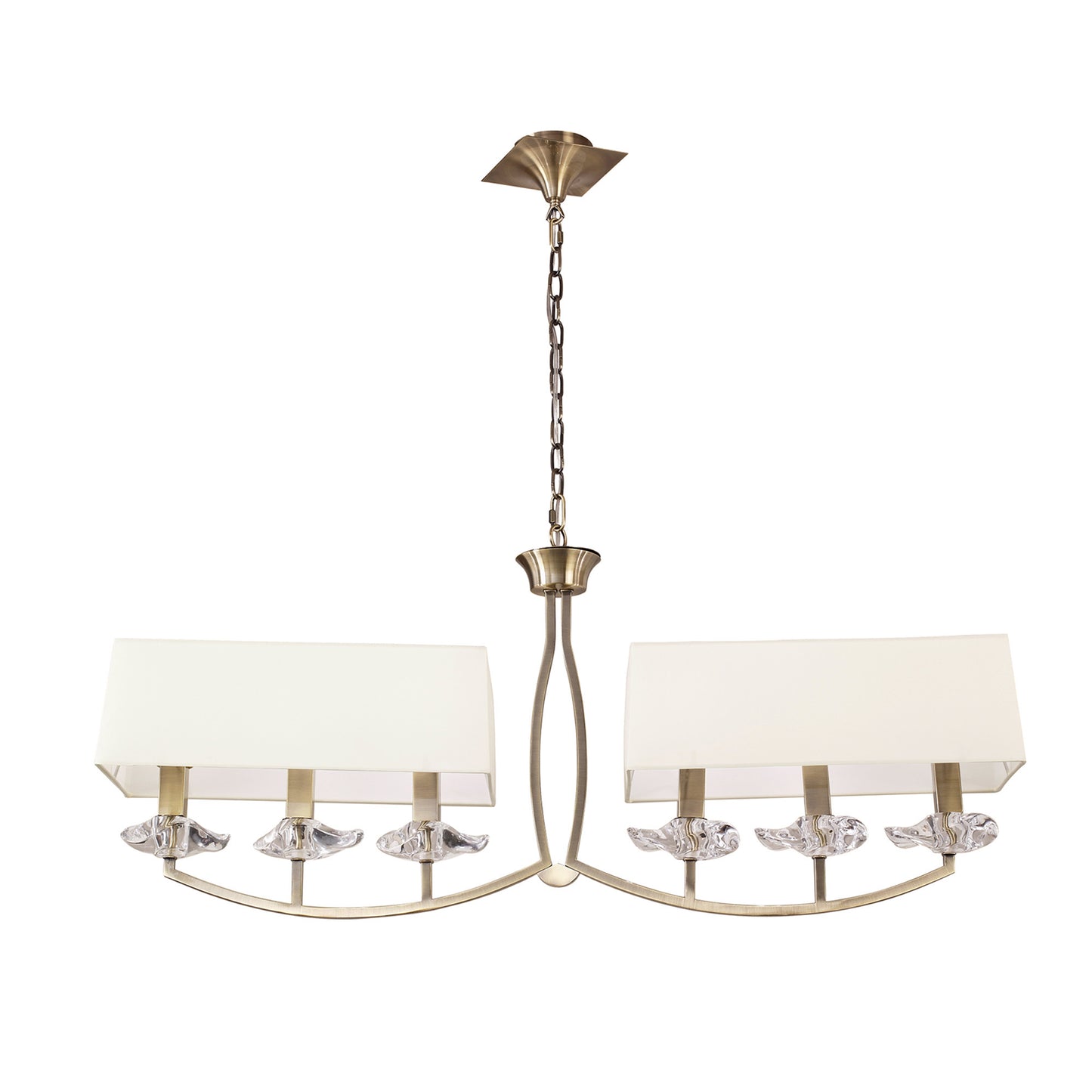 Akira Linear Pendant 2 Arm 6 Light E14, Antique Brass With Cream Shades by Mantra