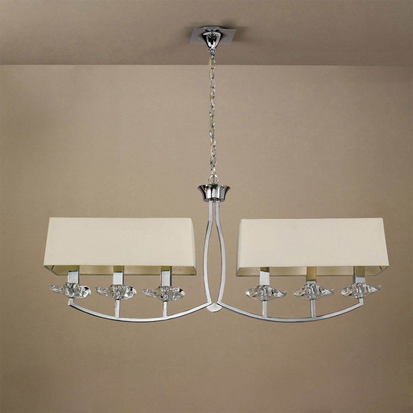 Akira Linear Pendant 2 Arm 6 Light E14, Polished Chrome With Cream Shades by Mantra