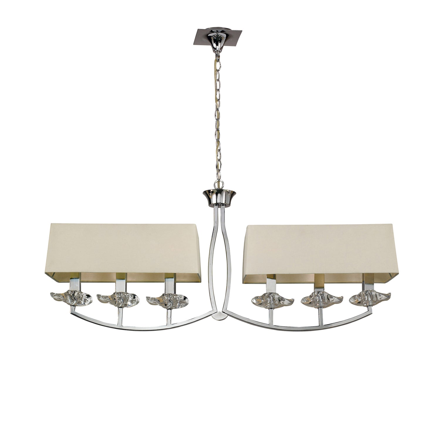 Akira Linear Pendant 2 Arm 6 Light E14, Polished Chrome With Cream Shades by Mantra