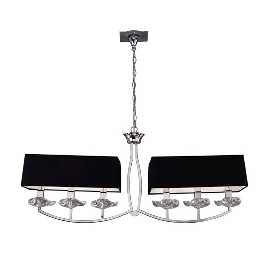 Akira Linear Pendant 2 Arm 6 Light E14, Polished Chrome With Black Shades by Mantra