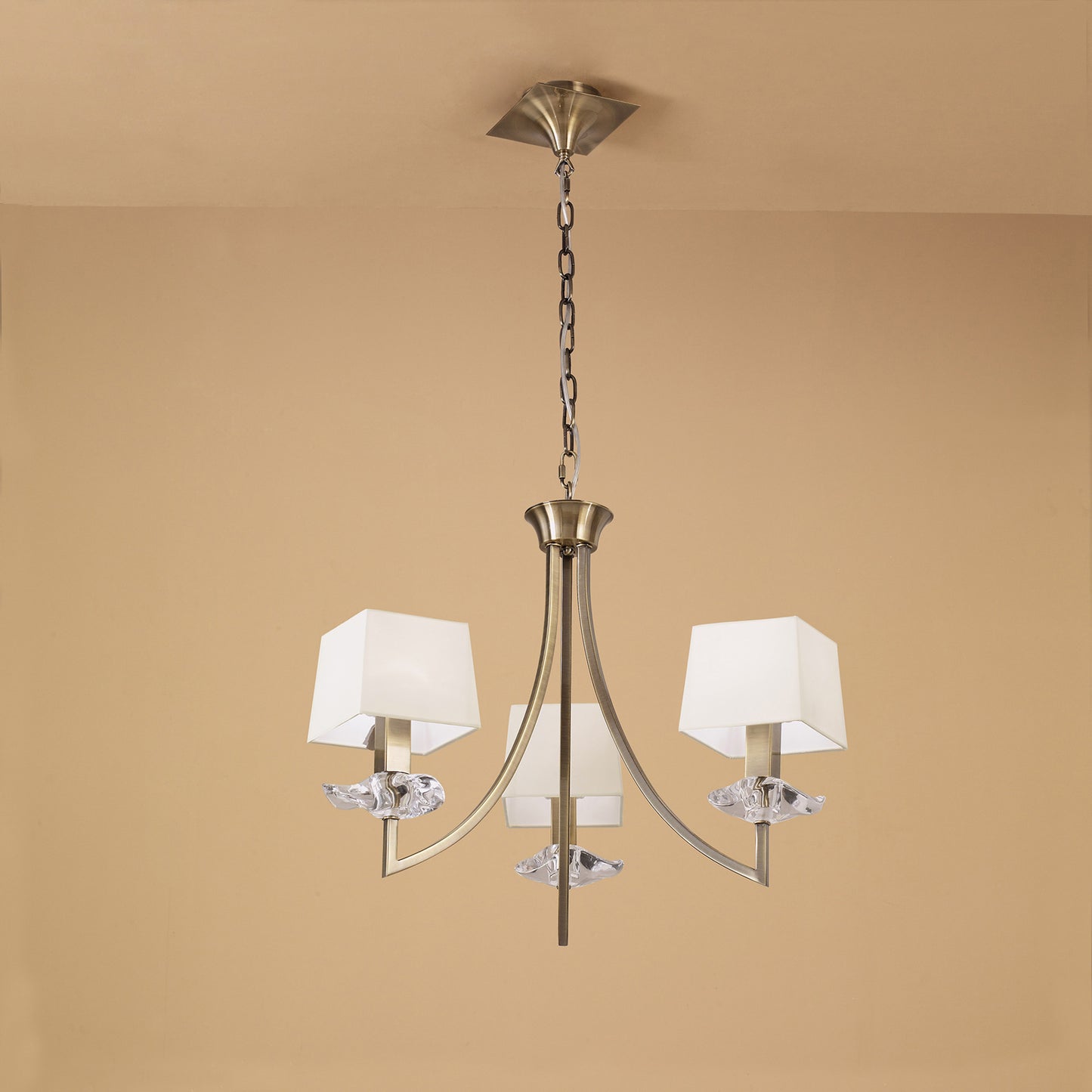 Akira Pendant 3 Light E14, Antique Brass With Cream Shades by Mantra