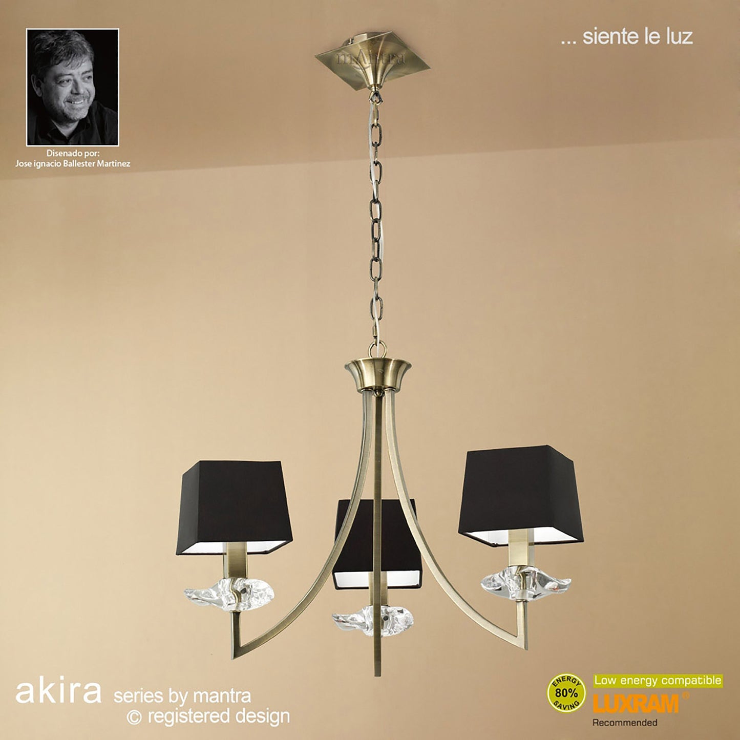 Akira Pendant 3 Light E14, Antique Brass With Black Shades by Mantra