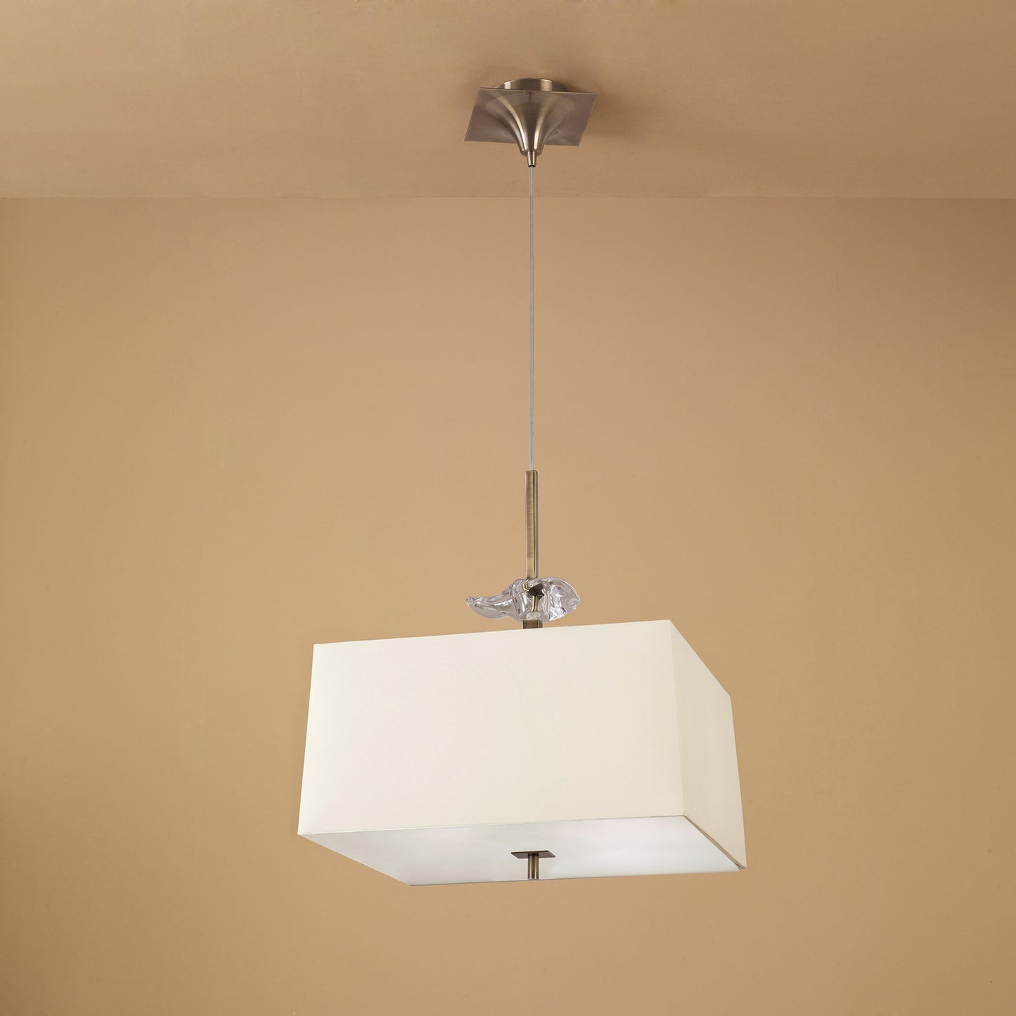 Akira Square Pendant 4 Light E27, Antique Brass/Frosted Glass With Cream Shade by Mantra