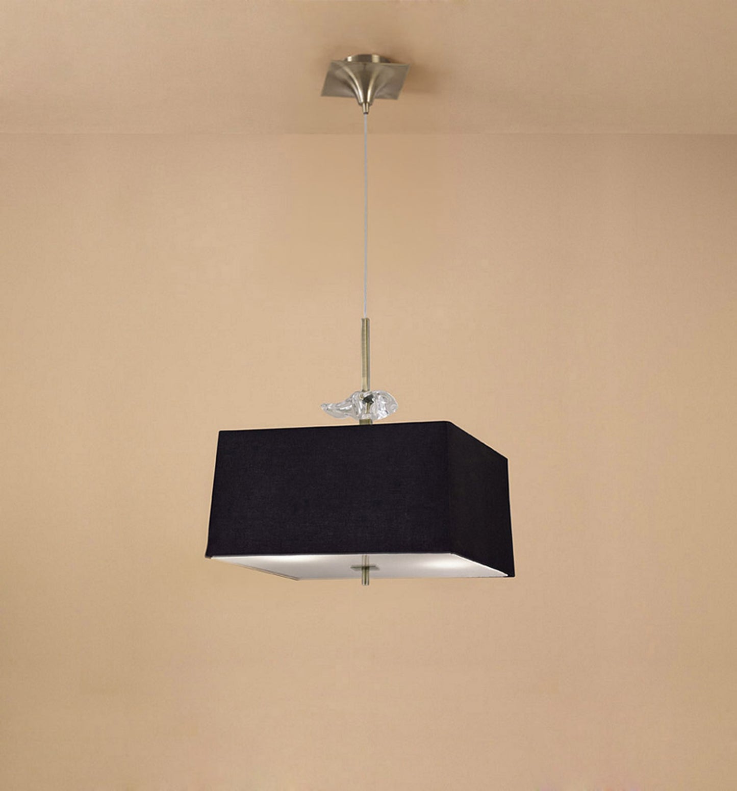 Akira Square Pendant 4 Light E27, Antique Brass/Frosted Glass With Black Shade by Mantra