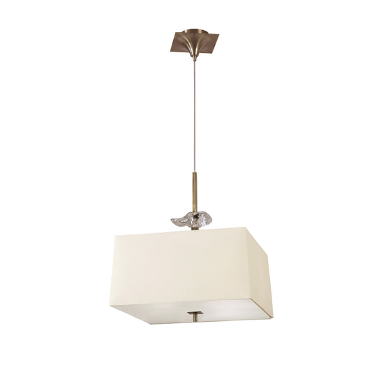 Akira Square Pendant 4 Light E27, Antique Brass/Frosted Glass With Cream Shade by Mantra