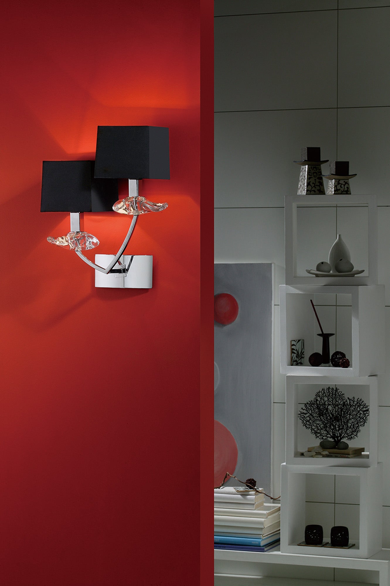 Akira Wall Lamp Switched 2 Light E14, Polished Chrome With Black Shades by Mantra