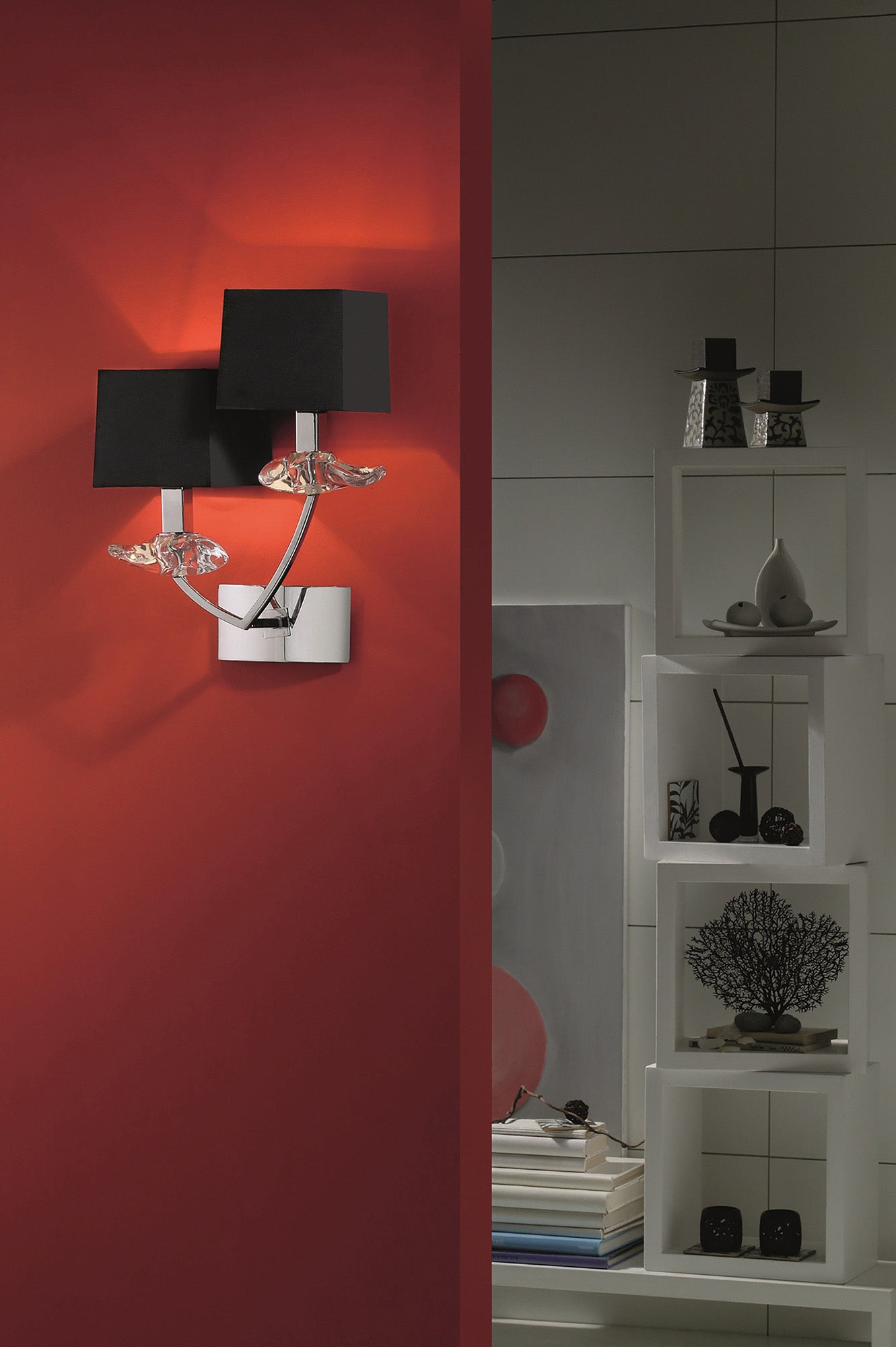 Akira Wall Lamp Switched 2 Light E14, Polished Chrome With Black Shades by Mantra