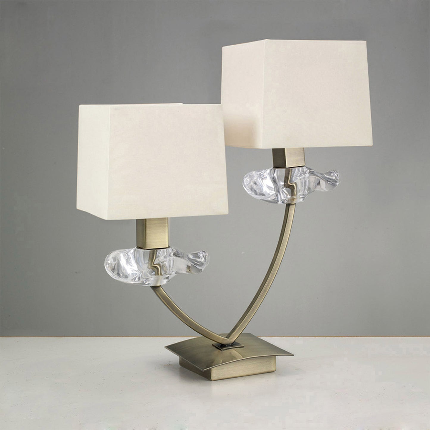 Akira Table Lamp 2 Light E14, Antique Brass With Cream Shades by Mantra