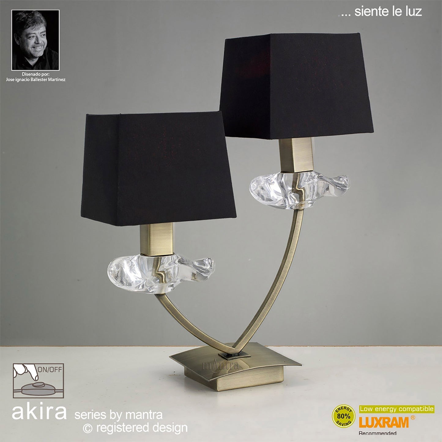 Akira Table Lamp 2 Light E14, Antique Brass With Black Shades by Mantra