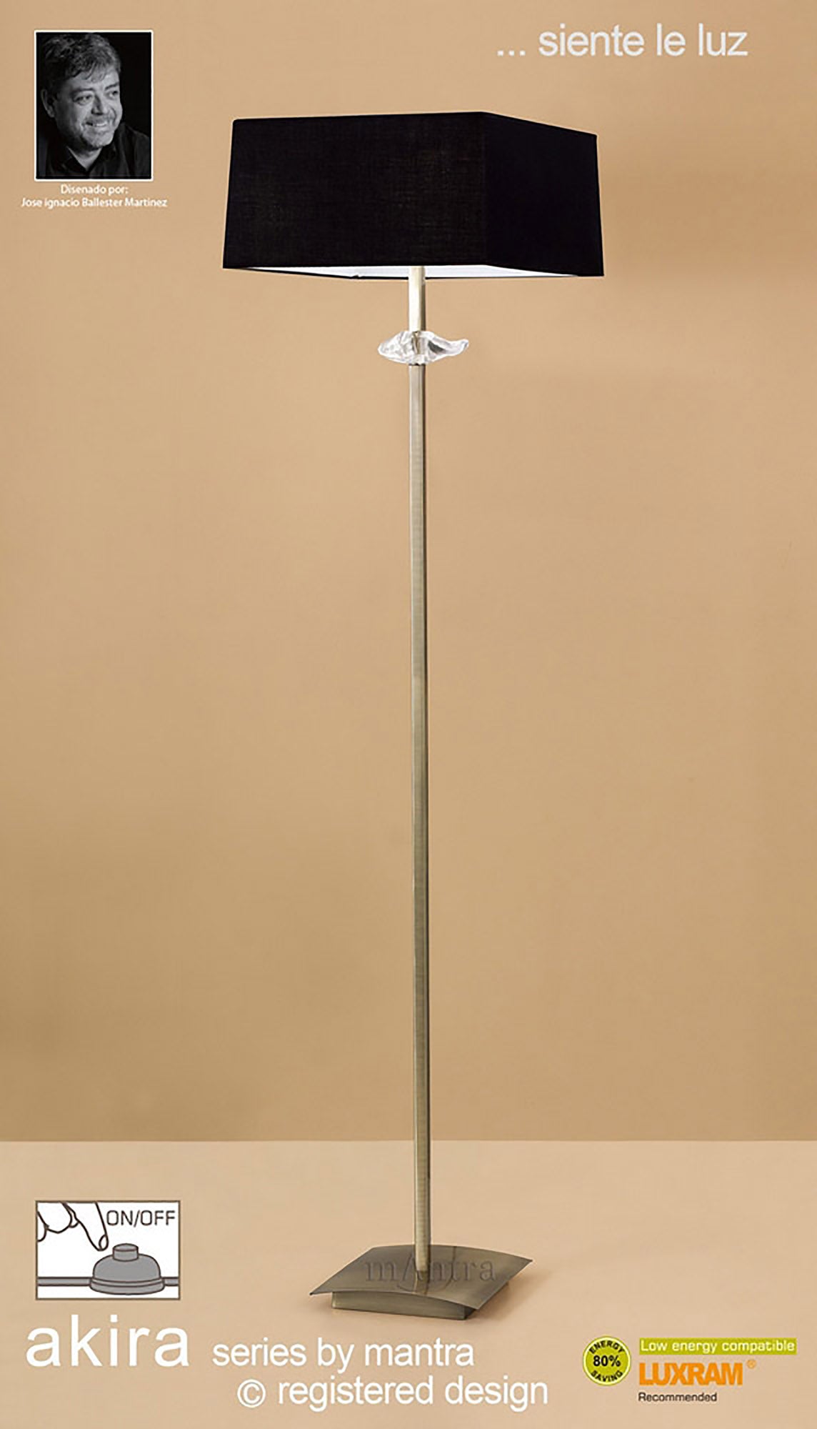 Akira Floor Lamp 3 Light E27, Antique Brass With Black Shade by Mantra